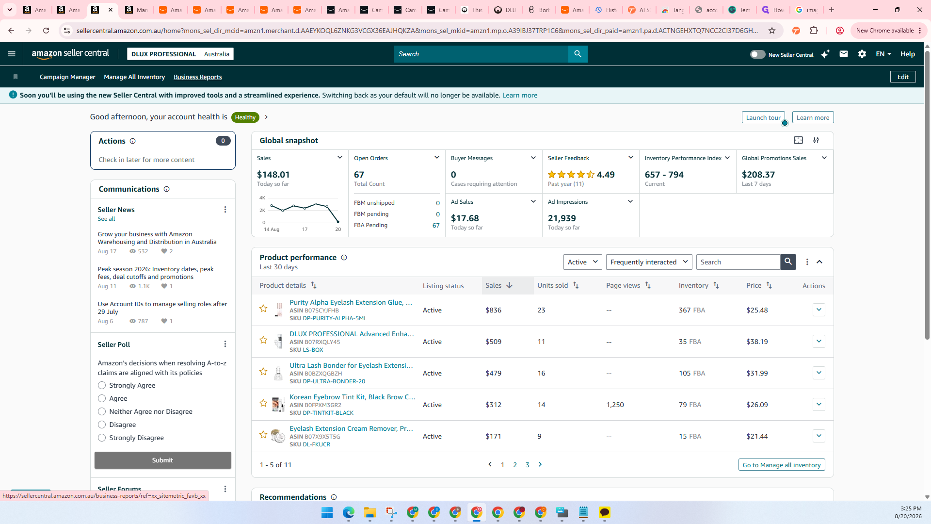 Step #9: Once the new marketplace loads, navigate back to Business Reports to review its historical sales.