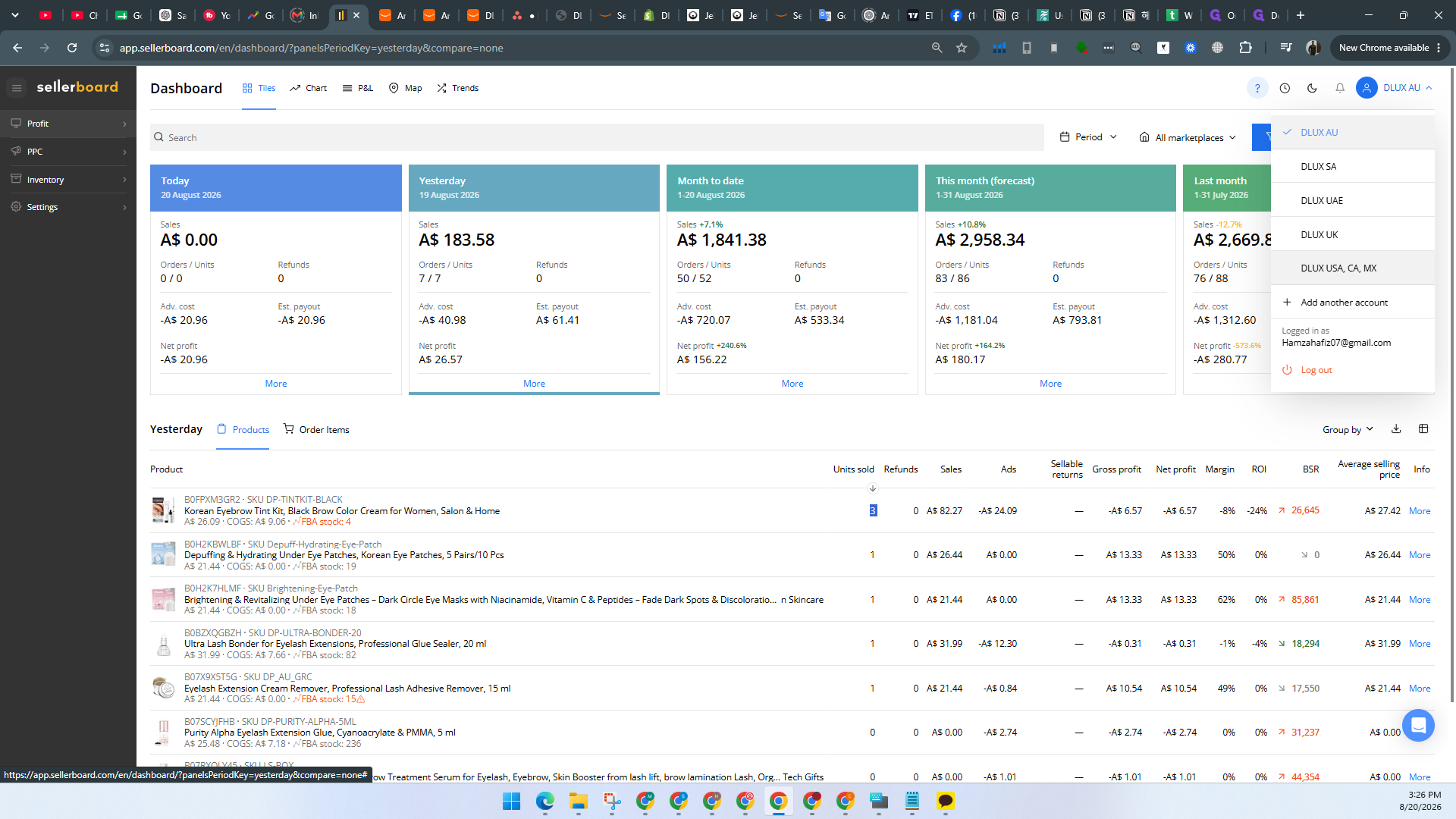 Step #14: Click the account selection dropdown in the top right corner to switch between your linked marketplace accounts (e.g., DLUX USA, CA, MX).