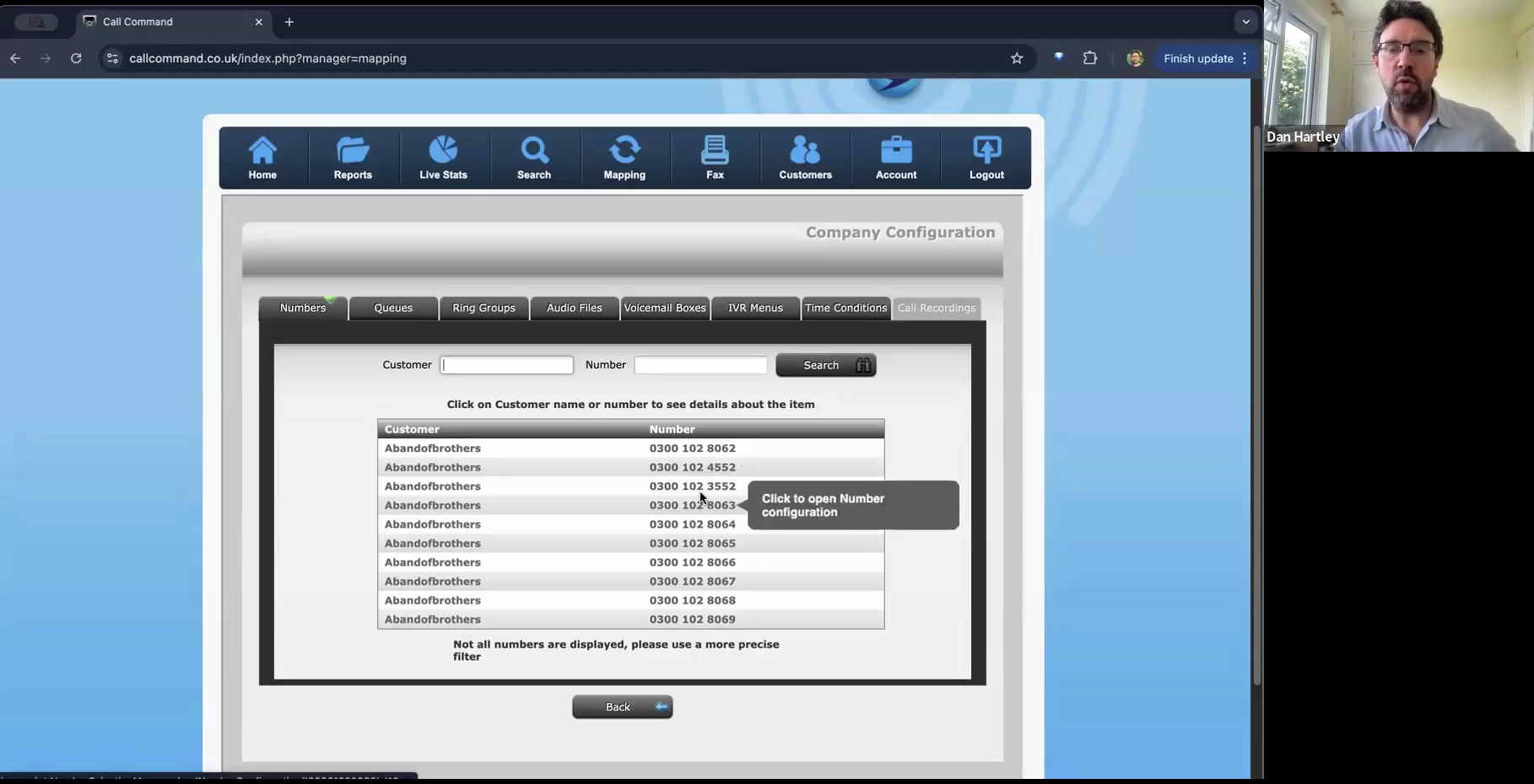 Step #6: Review the list of assigned numbers and click on the row of the number you want to update.