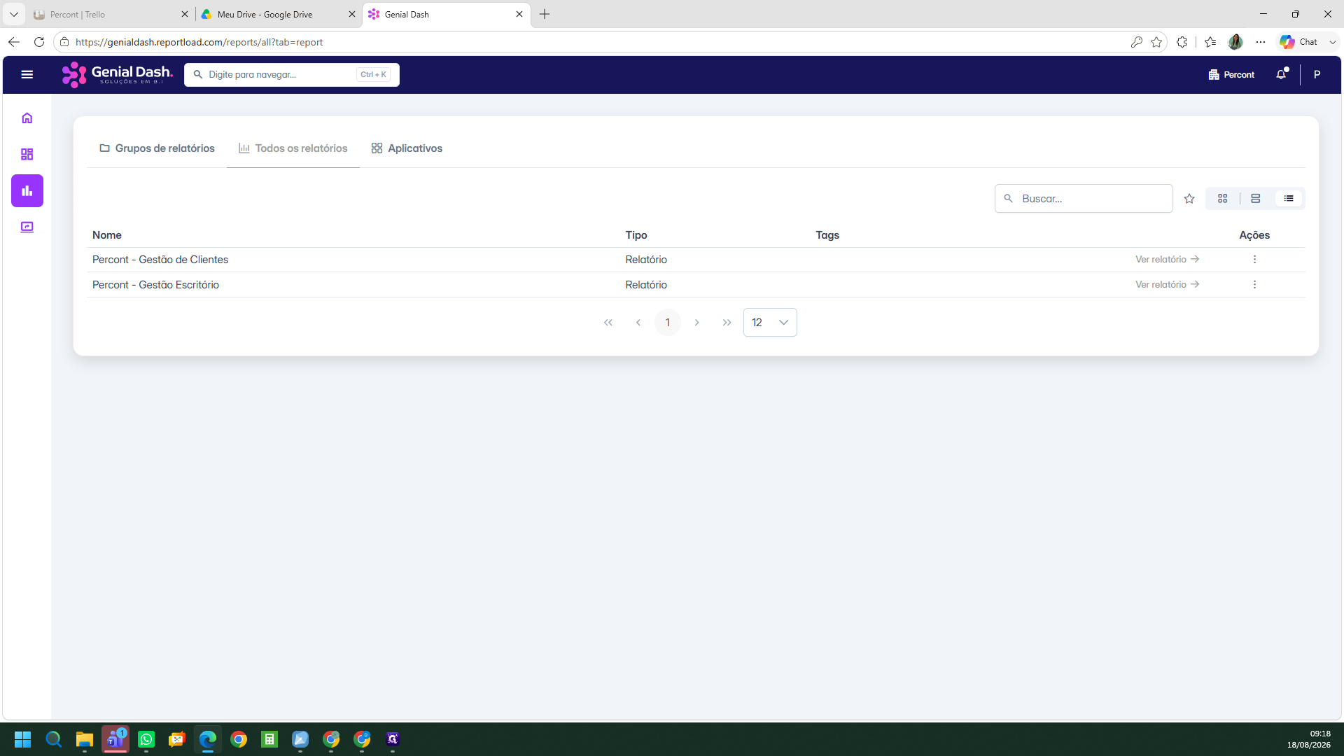 Step #3: Na lista inicial, localize e clique na linha do relatório Percont - Gestão Escritório para selecioná-lo.