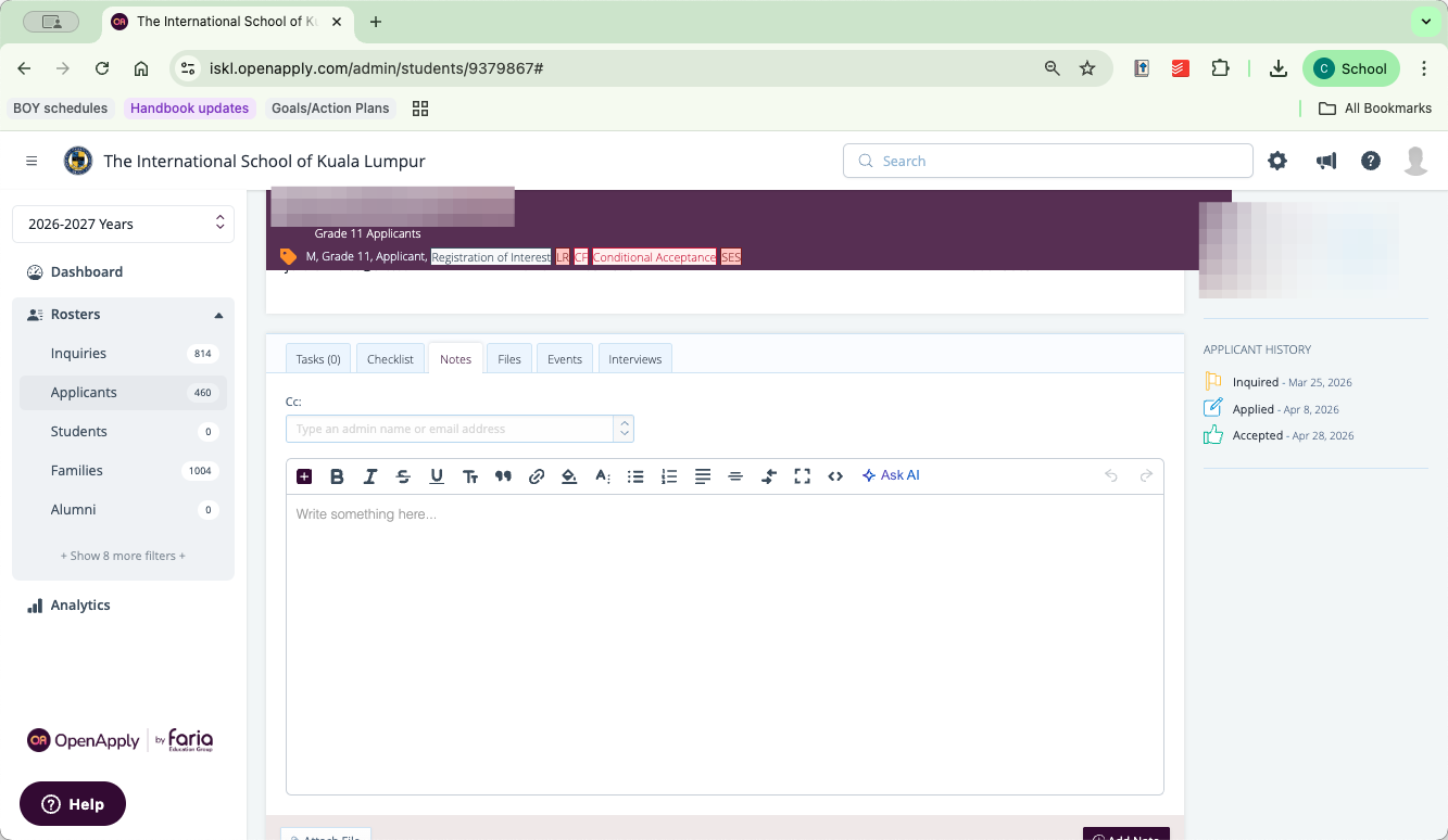 Step #1: Click the Notes tab located in the student's applicant dashboard.