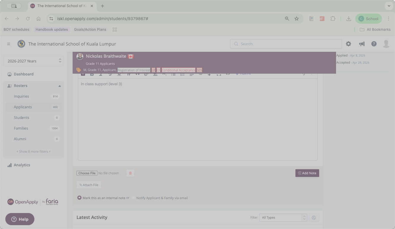 Step #5: Click Add Note to officially save your text input and file attachment to the student's profile.
