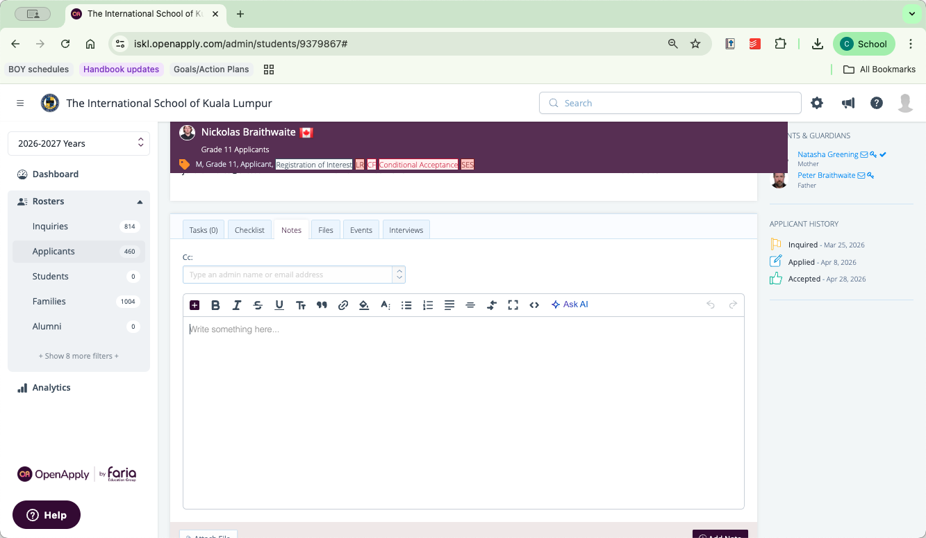 Step #2: Click inside the rich-text editor enter the student's screening results and your EAL placement recommendations (e.g. In-class support (Level 1)).