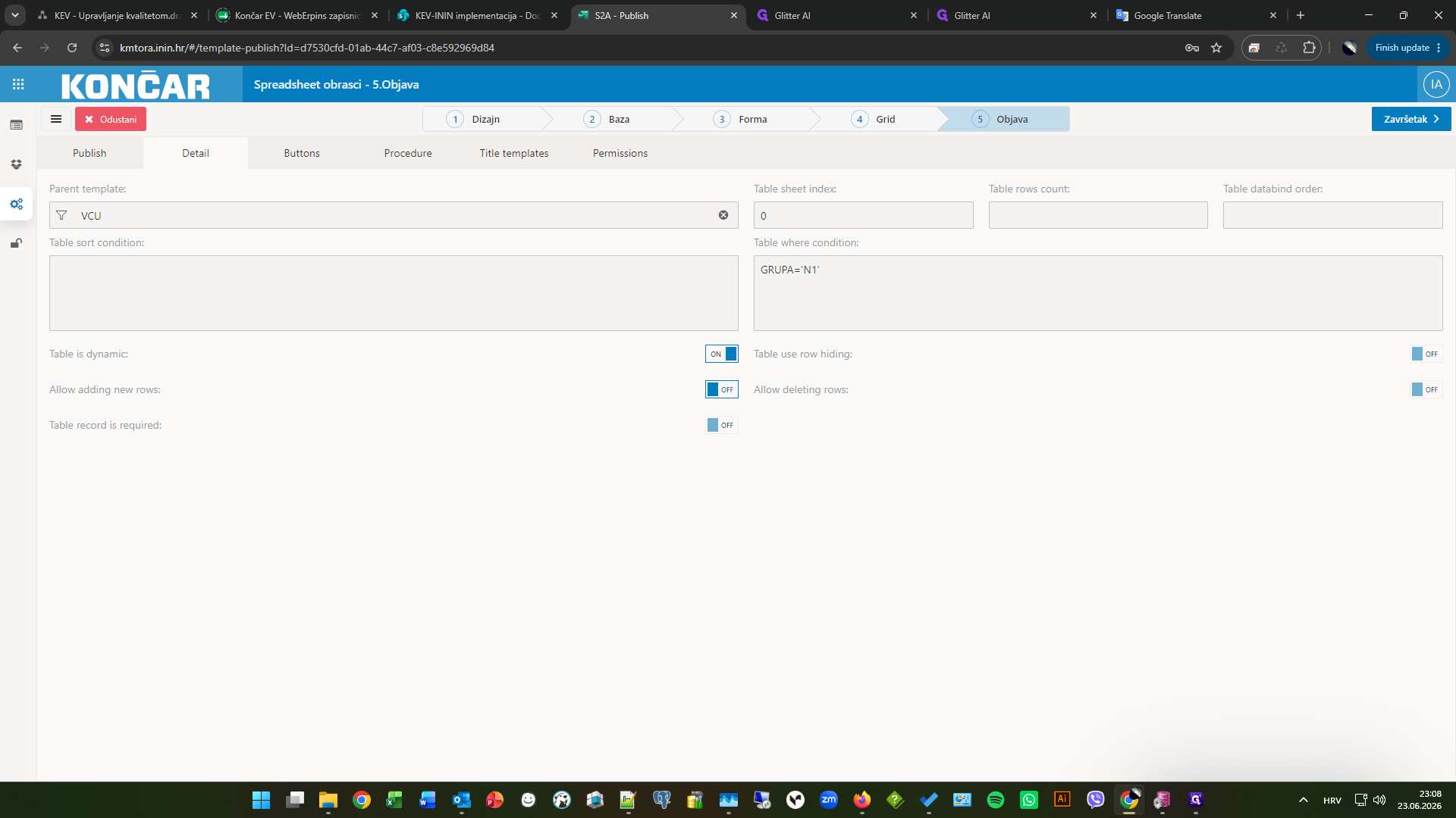 Step #23: S obzirom da se radi o dinamičkoj tablici, a to znači da nema predefiniran broj redova u excel obrascu isto tako je potrebno uključiti opcije Allow adding new rows i Allow deleting rows na ON.