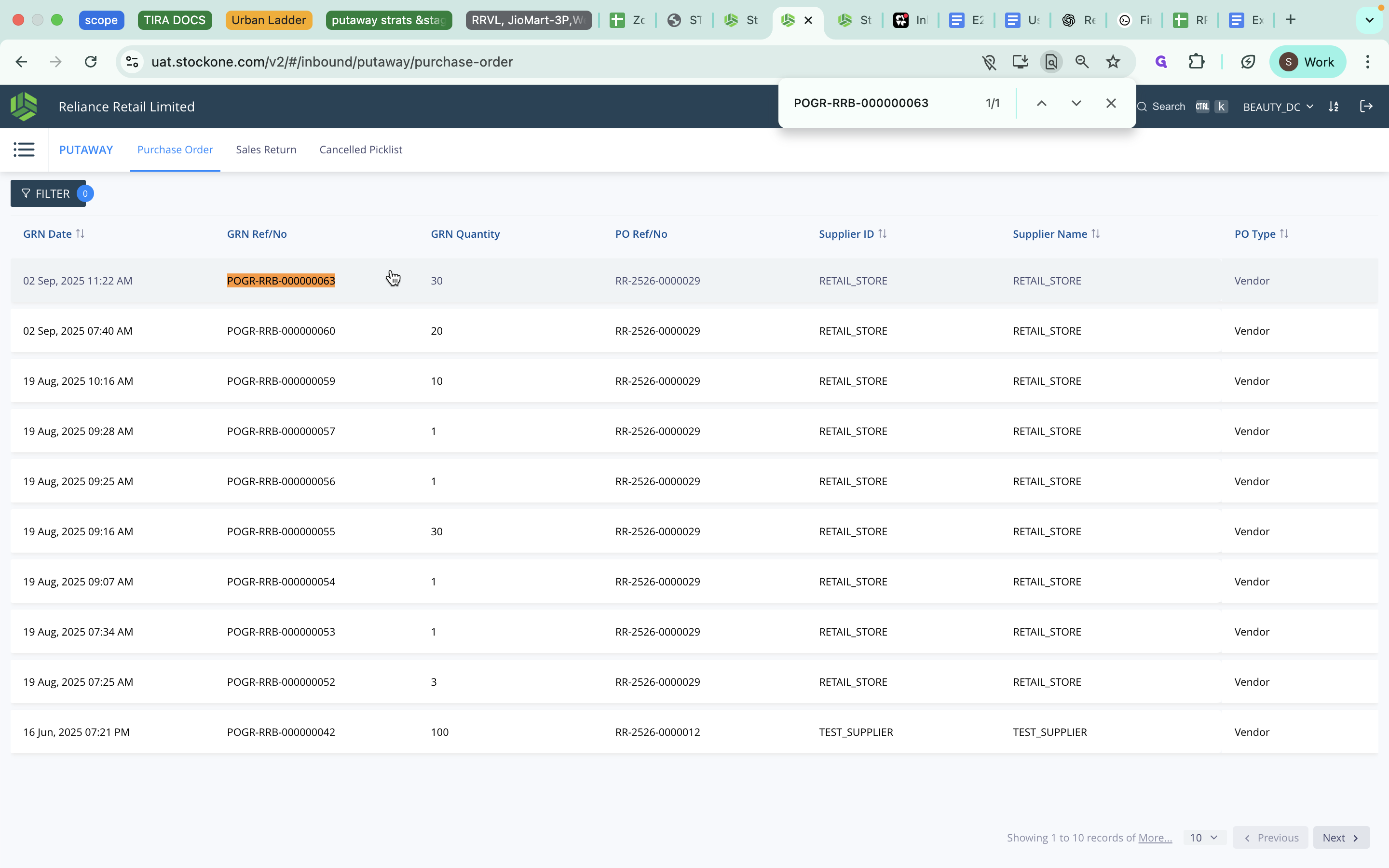 Step #14: Click on "GRN Ref." against which the putaway task has been initiated.