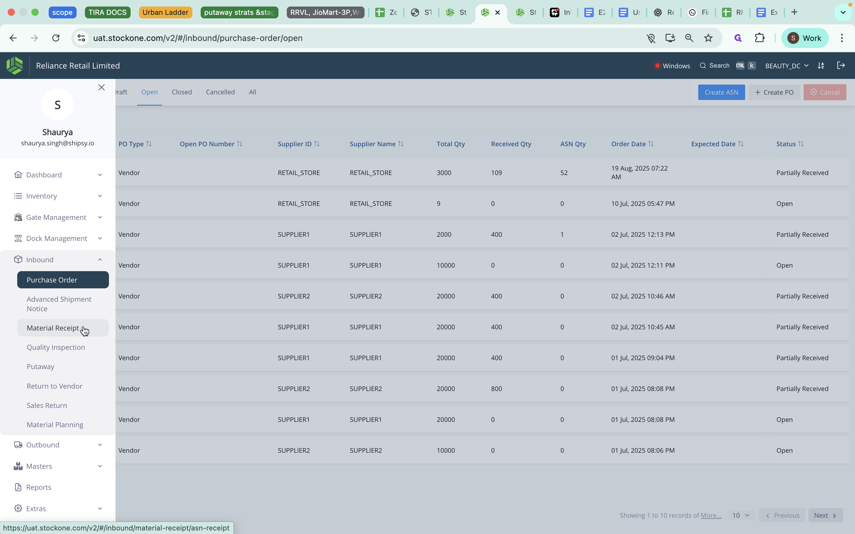 Step #4: Click on "material receipt".