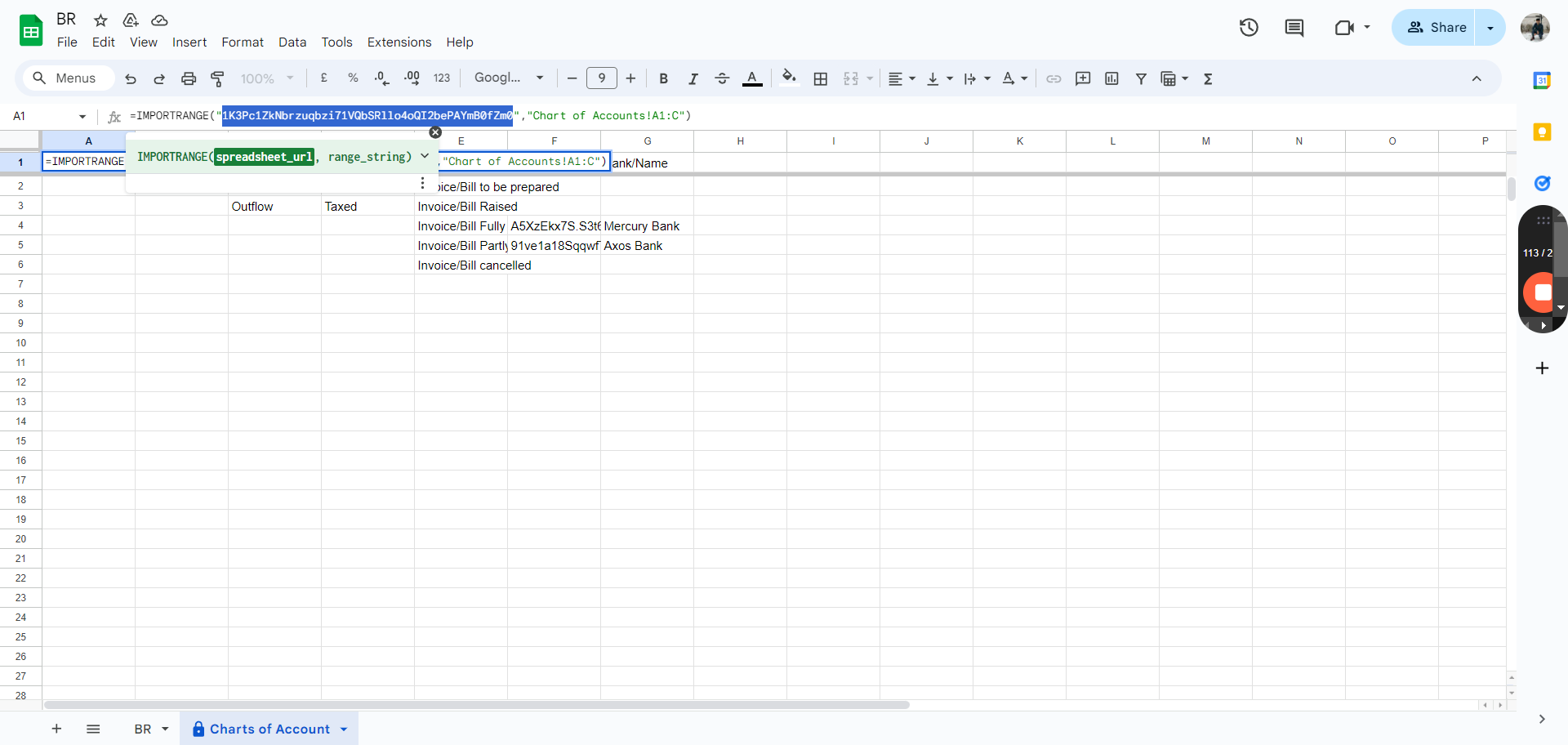 Step #76: Click on "" 1K3Pc1ZkNbrzuqbzi71VQbSR1104oQI2bePAYmB0fZm0 " , " Chart of Accounts ! A1"