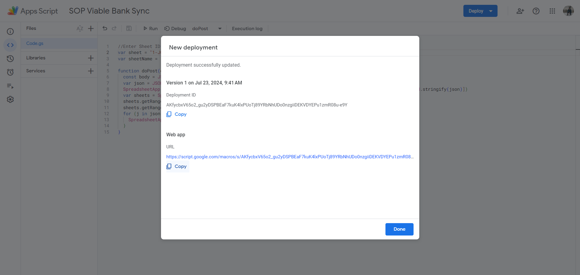 Step #40: Click on "Copy" below the Web App URL