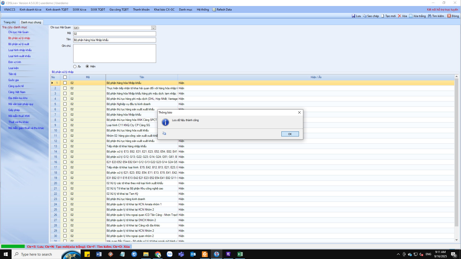 Step #10: Hệ thống thông báo lưu thành công -> Click on "OK"