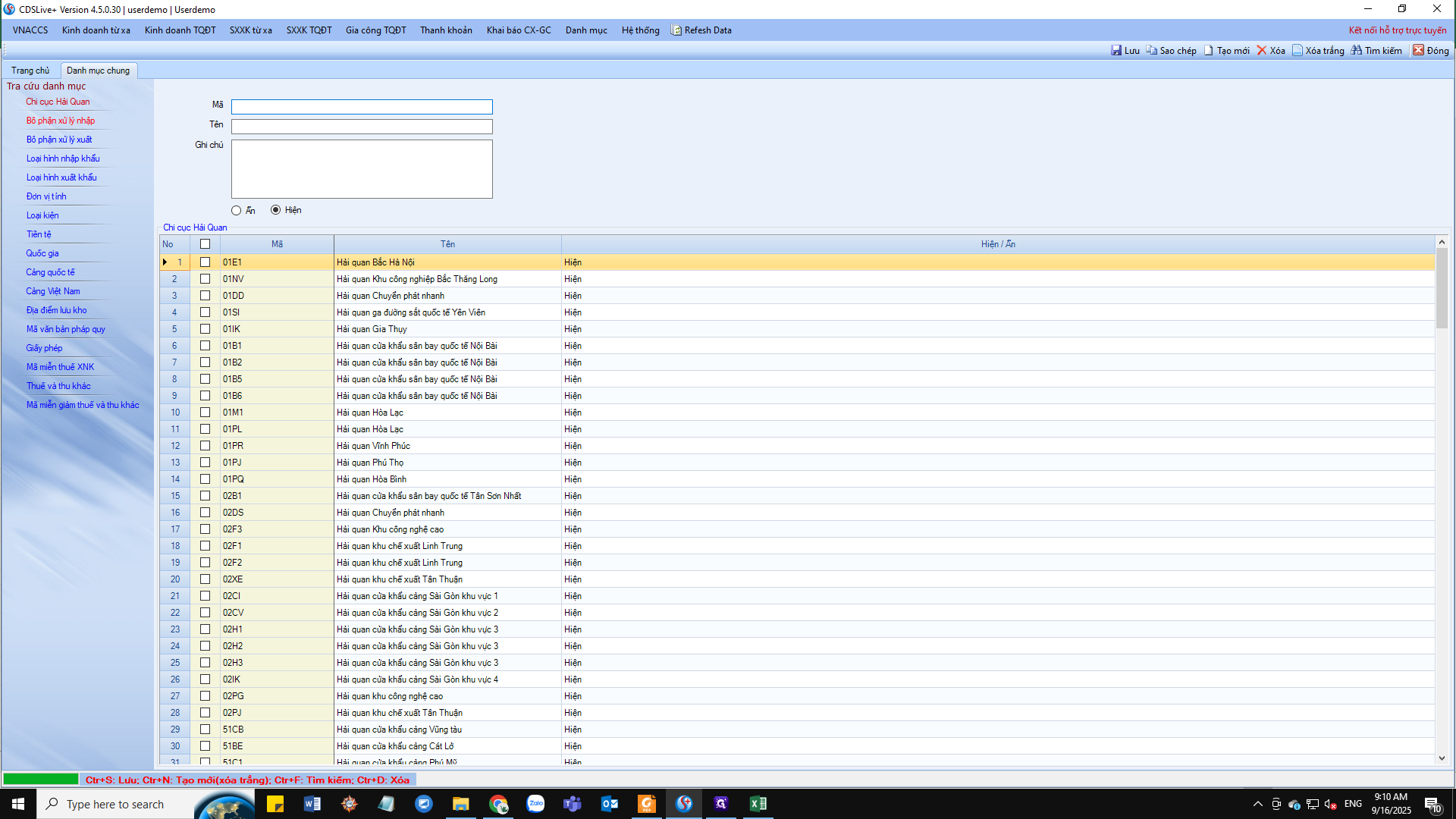 Step #3: Chọn danh mục có thông tin cần cập nhật (VD: cần cập nhật mã bộ phận xử lý 02 của chi cục Hải Quan 02CI -> Chọn Bộ phận xử lý nhập)