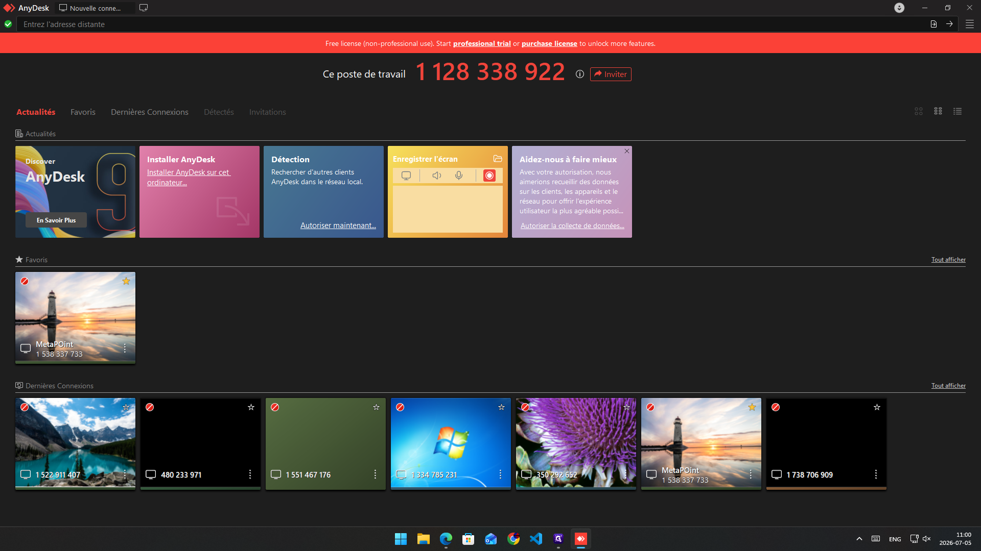 Step #7: Une fois l'interface AnyDesk ouverte, sélectionnez ou configurez votre espace de travail (par exemple, la tuile de connexion MetaPOint) pour démarrer la session à distance.