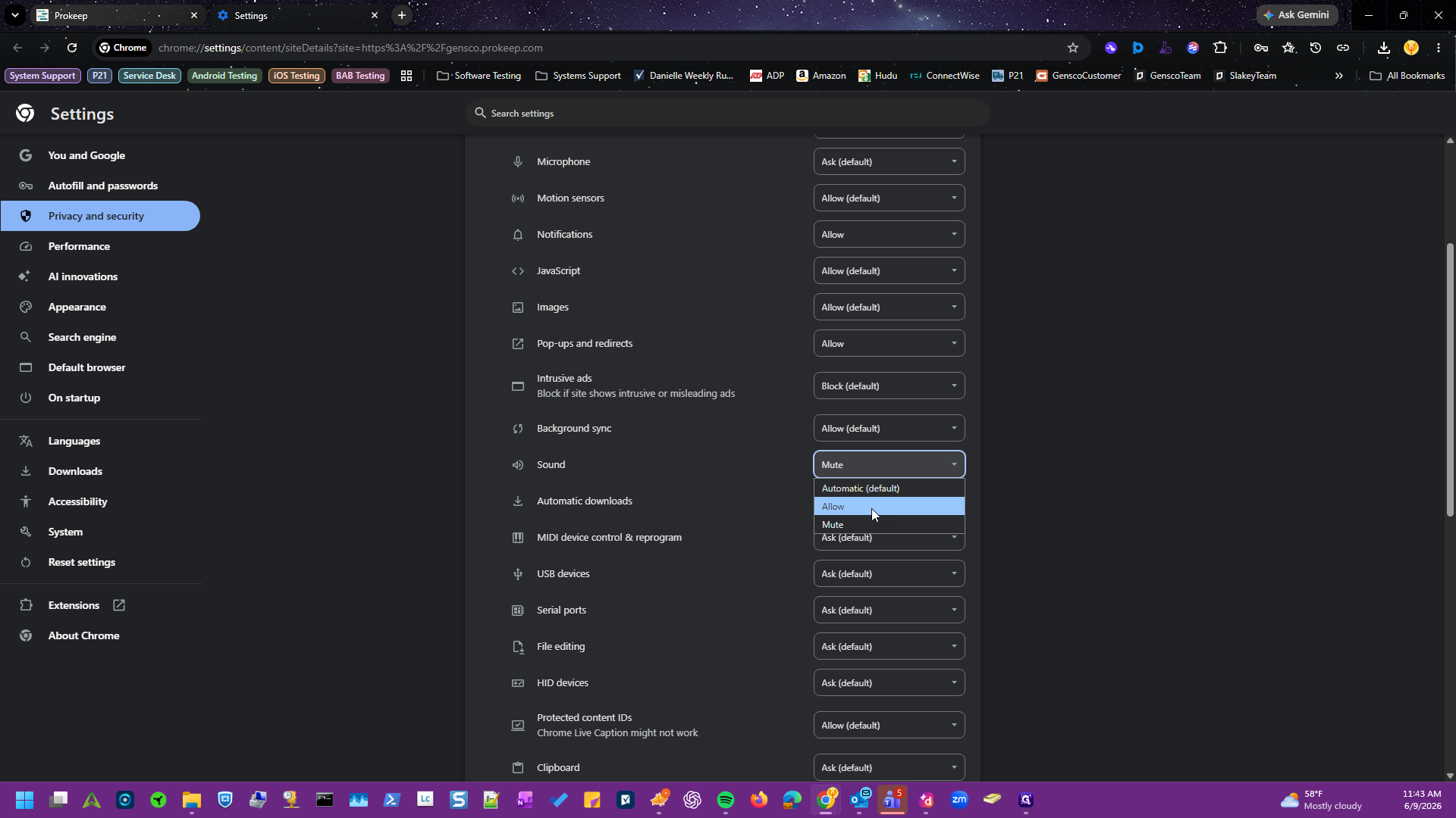 Step #5: While you are here also locate the Sound permission and select Allow from the dropdown menu, if not already selected.