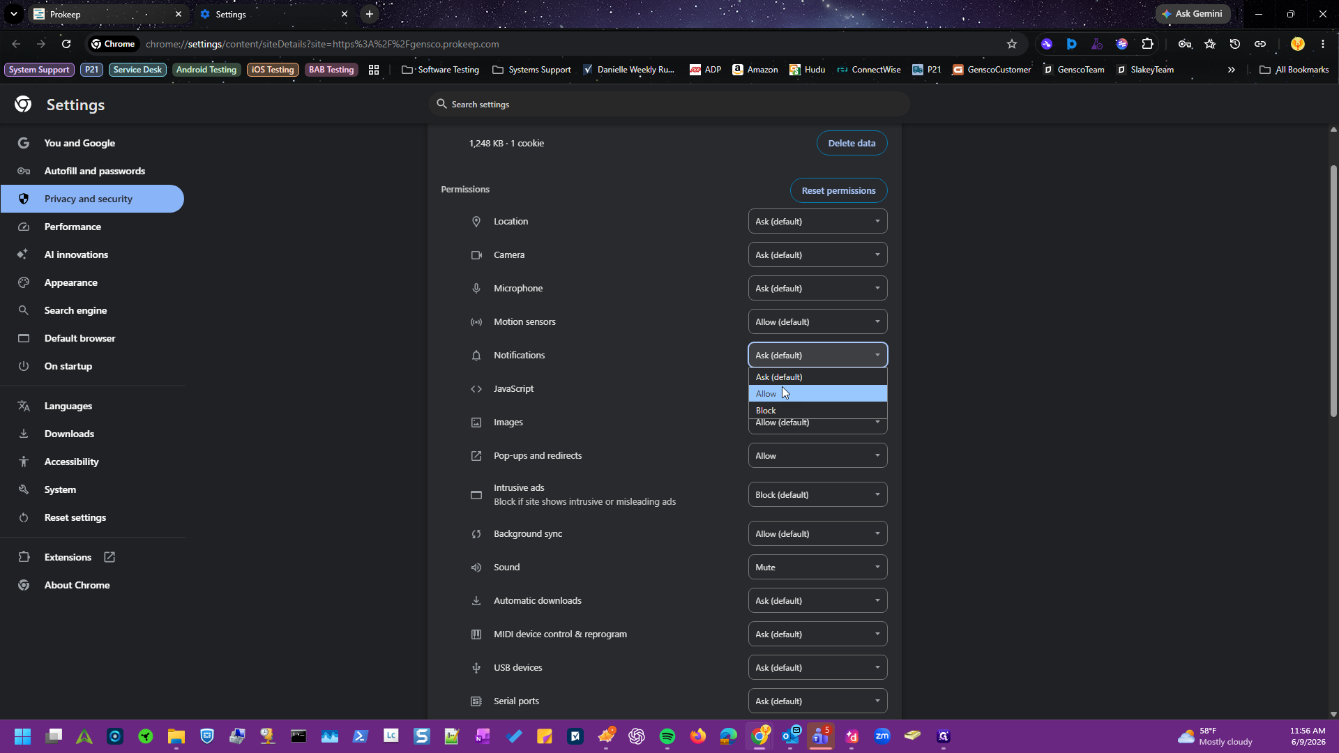 Step #4: Locate the Notifications permission and select Allow from the dropdown menu.