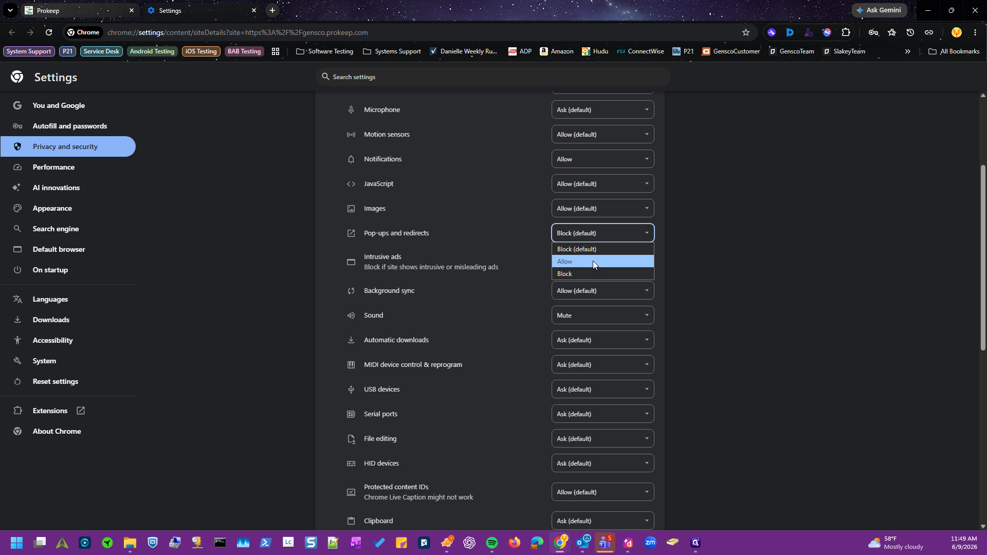 Step #3: Locate the Pop-ups and redirects permission and select Allow from the dropdown menu.
