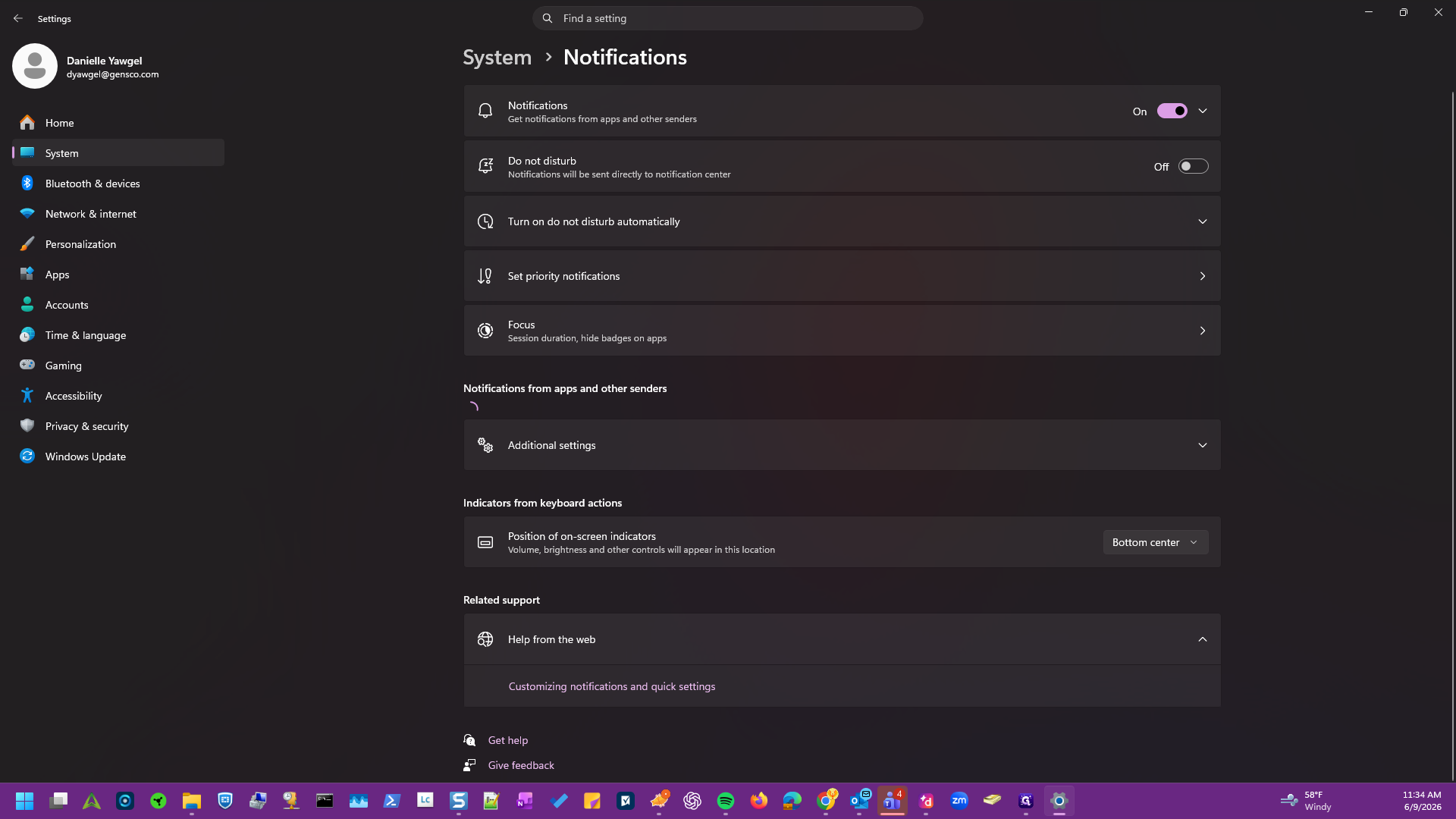 Step #8: Navigate to the Notifications settings page and wait for the list of applications to populate under Notifications from apps and other senders.