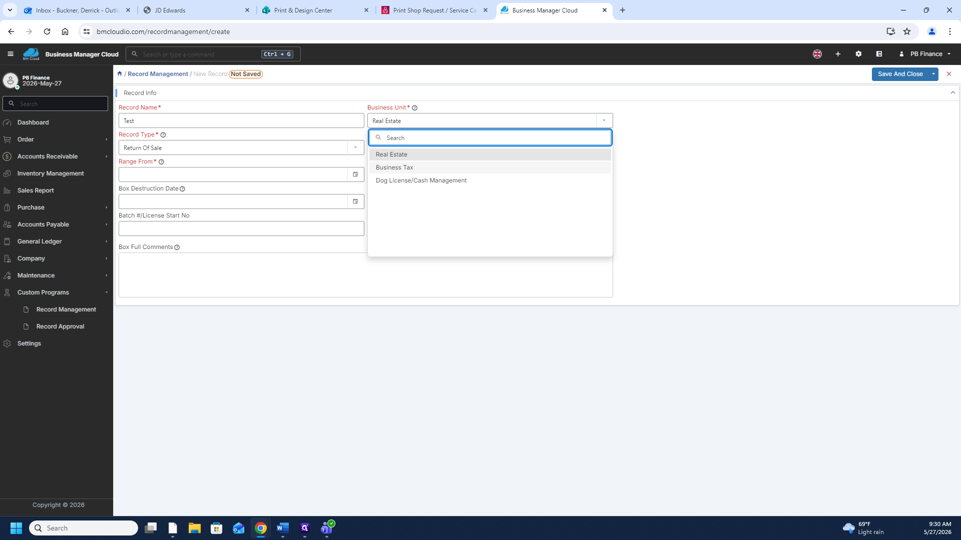 Step #6: Click the Business Unit dropdown and select the relevant department, such as Business Tax.