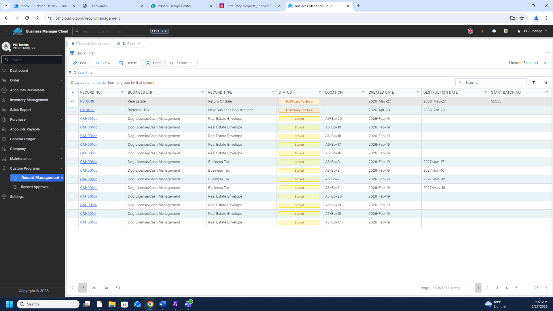 Step #17: Check the box in the leftmost column of the data grid to select the record you want to print.