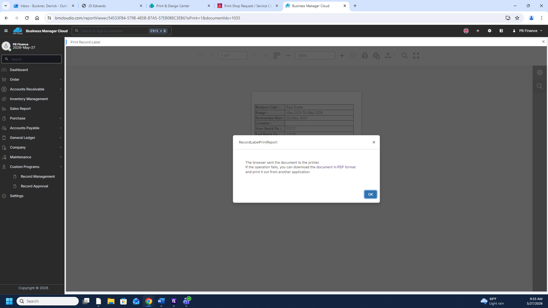 Step #22: Click OK on the final system modal confirming the print action.