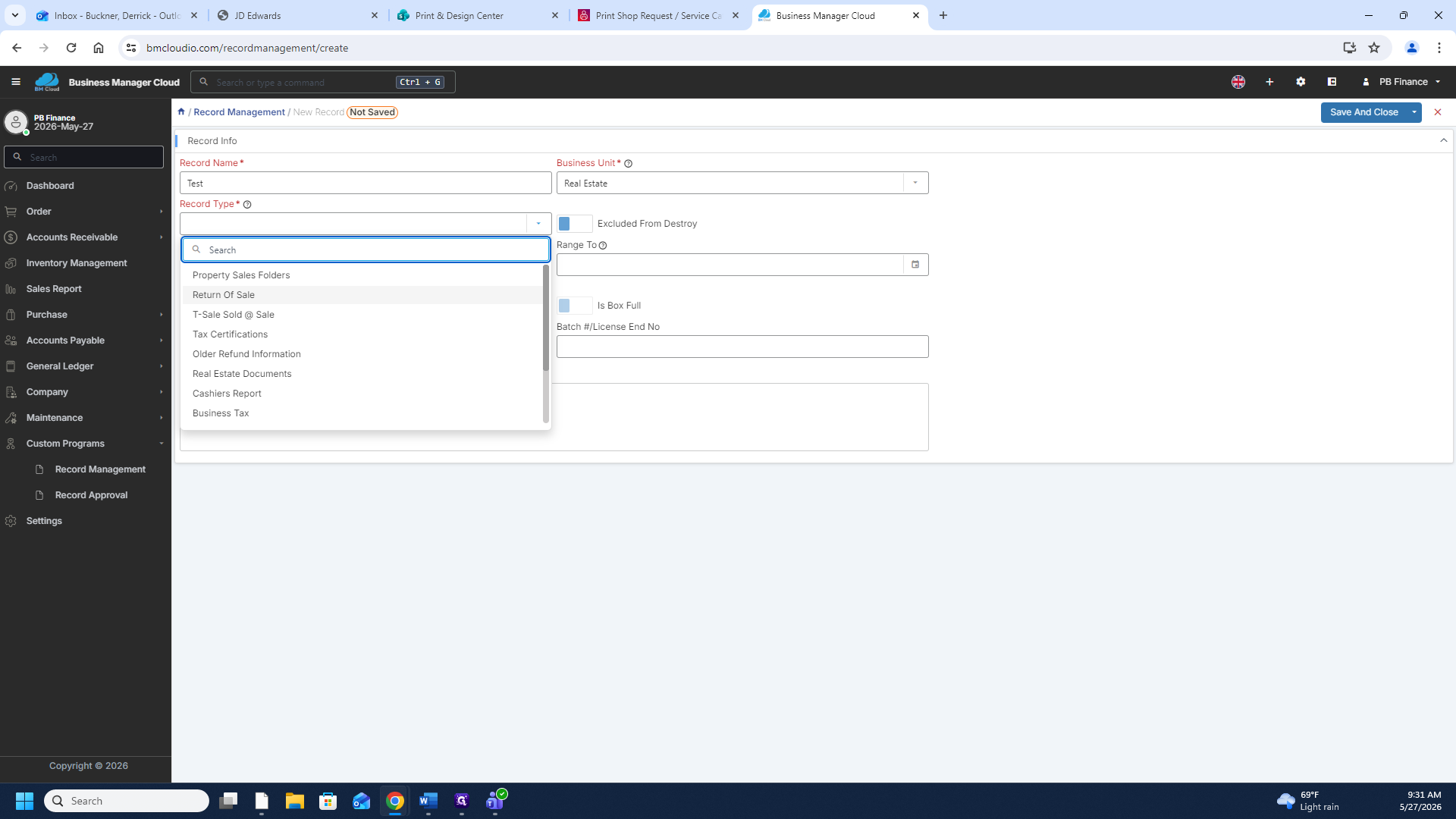 Step #7: Click the Record Type dropdown and choose the classification, such as Return Of Sale.