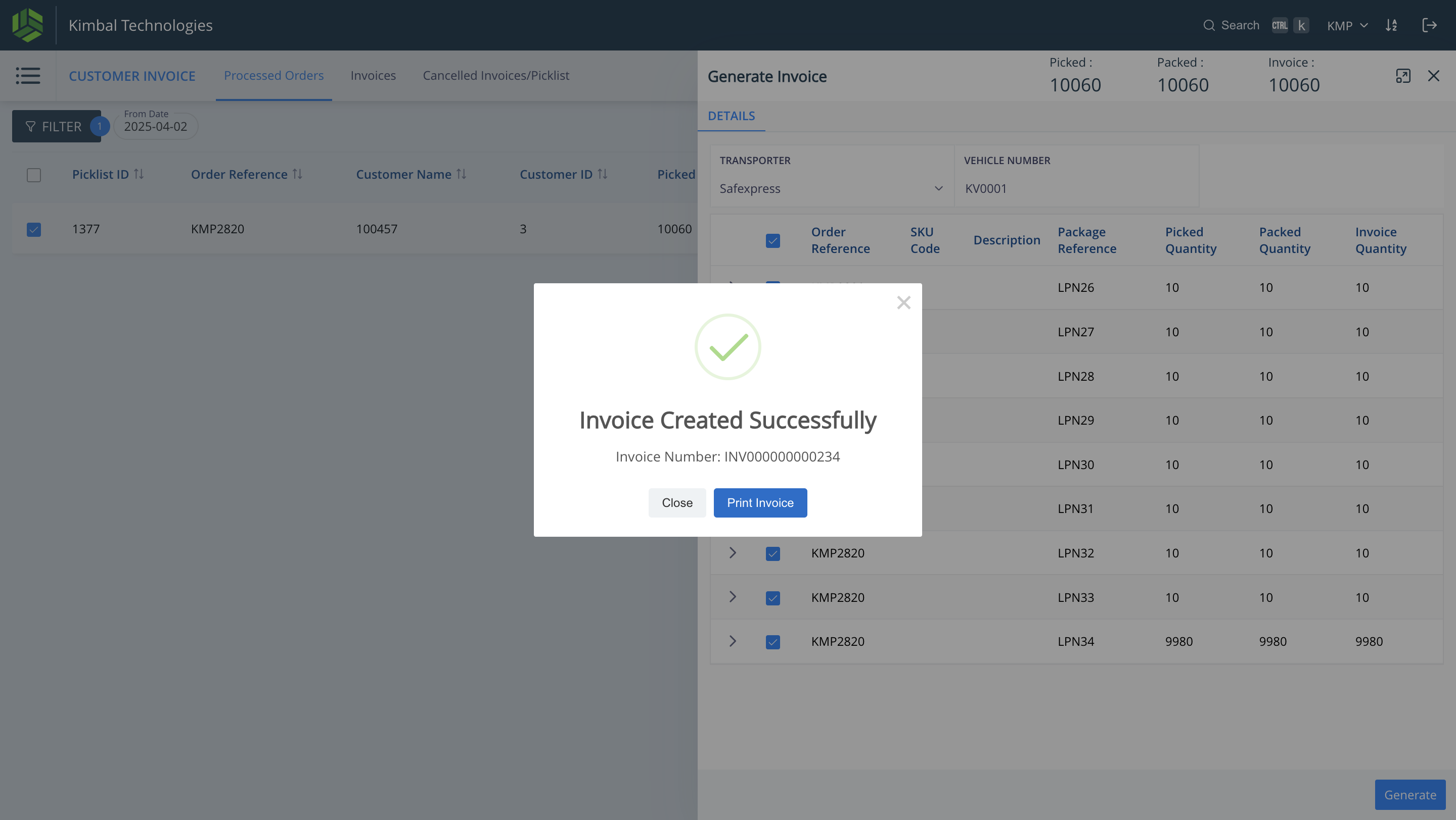Step #29: Click on "Print Invoice" -  Invoice is created with Invoice ID -  "INV000000000234"
