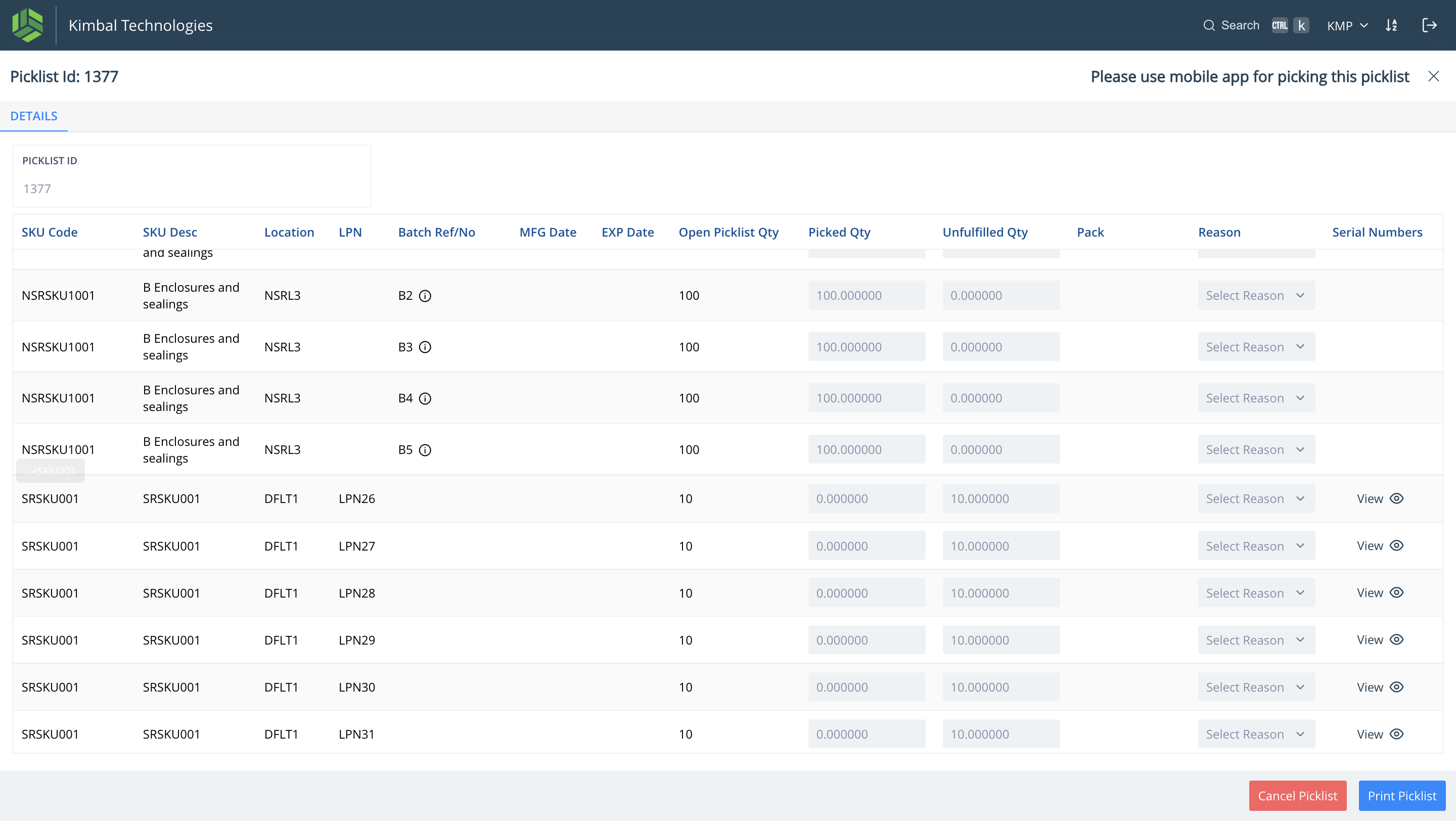 Step #2: Upon clicking the picklist, the pick tasks that we uploaded through "Order Fulfill form" can be seen. 