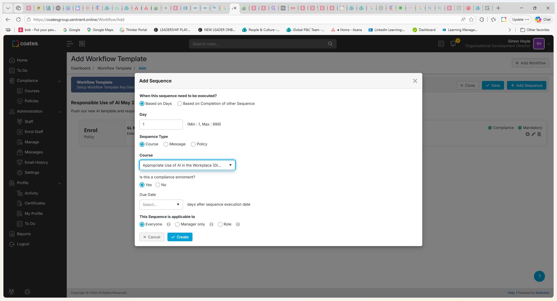 Step #13: Select the Course component type and choose the corresponding training, such as the Appropriate Use of AI in the Workplace Global Course.