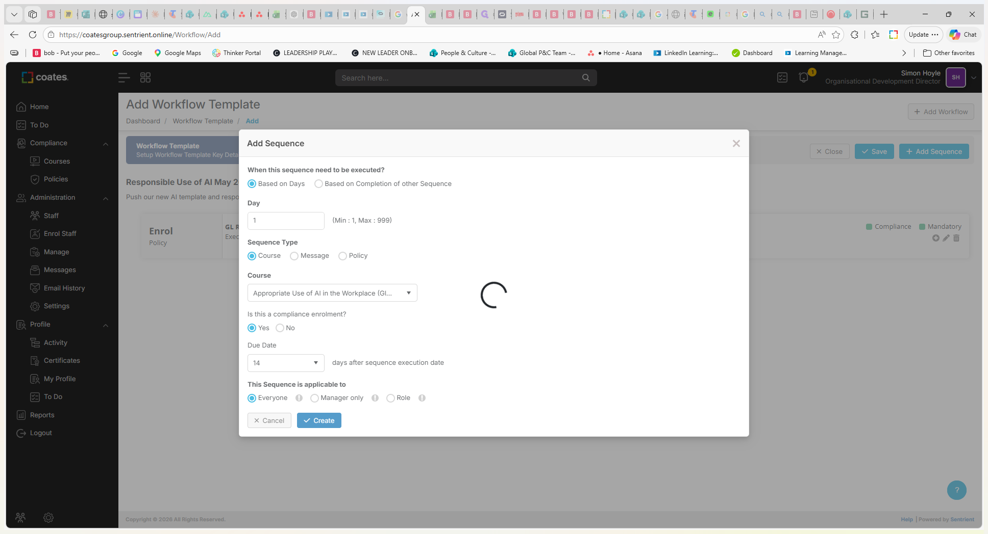 Step #15: Click ✓ Create to add the course to the workflow template.