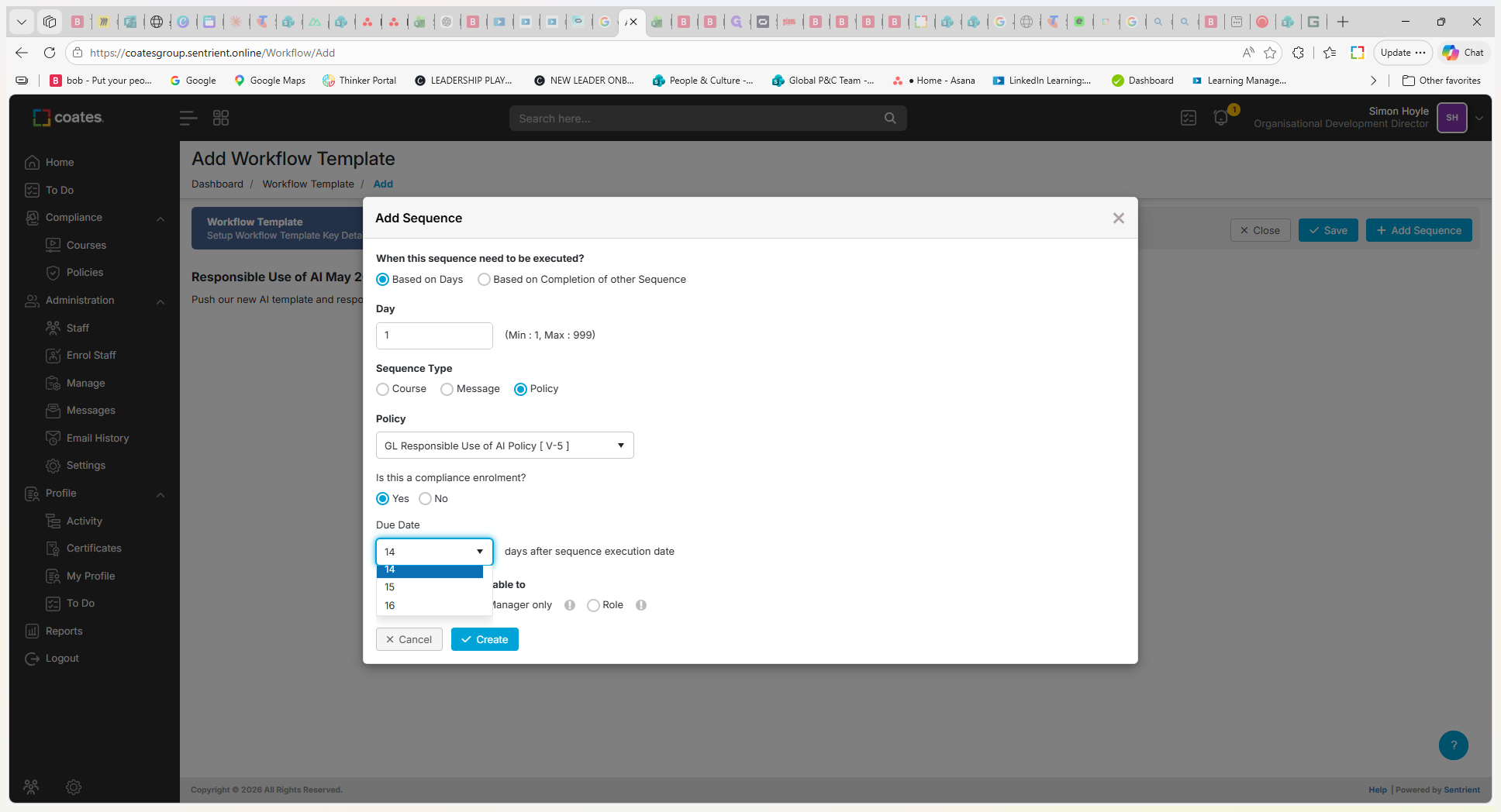 Step #9: Set the due date (e.g., 14 days) and verify that Compliance enrollment is marked as "Yes".