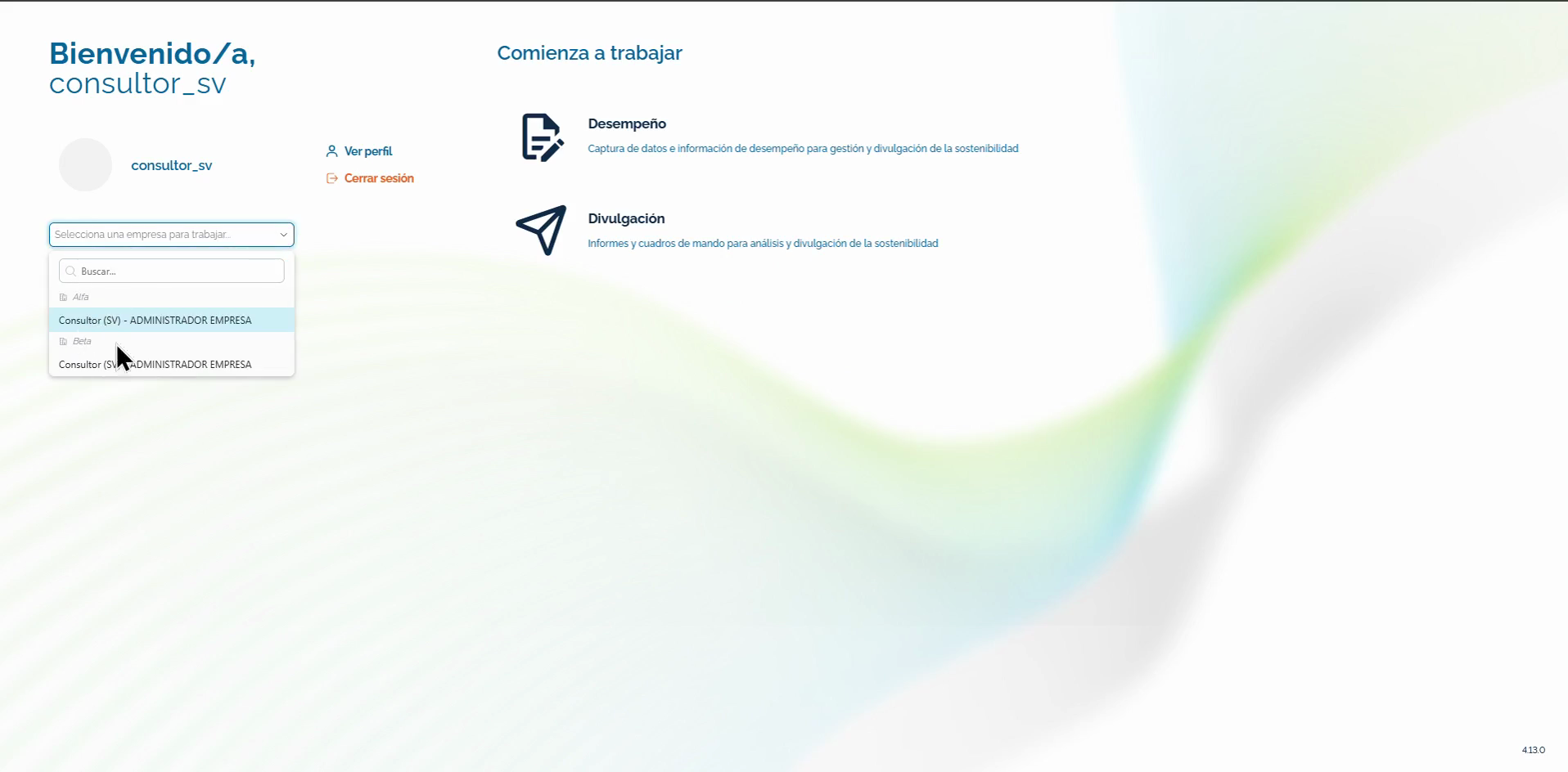 Step #2: Clic en Selecciona una empresa para trabajar donde aparecerán las empresas a las que tenemos acceso (en este caso a Alfa y Beta). Por ejemplo, si hacemos clic en la empresa Alfa: