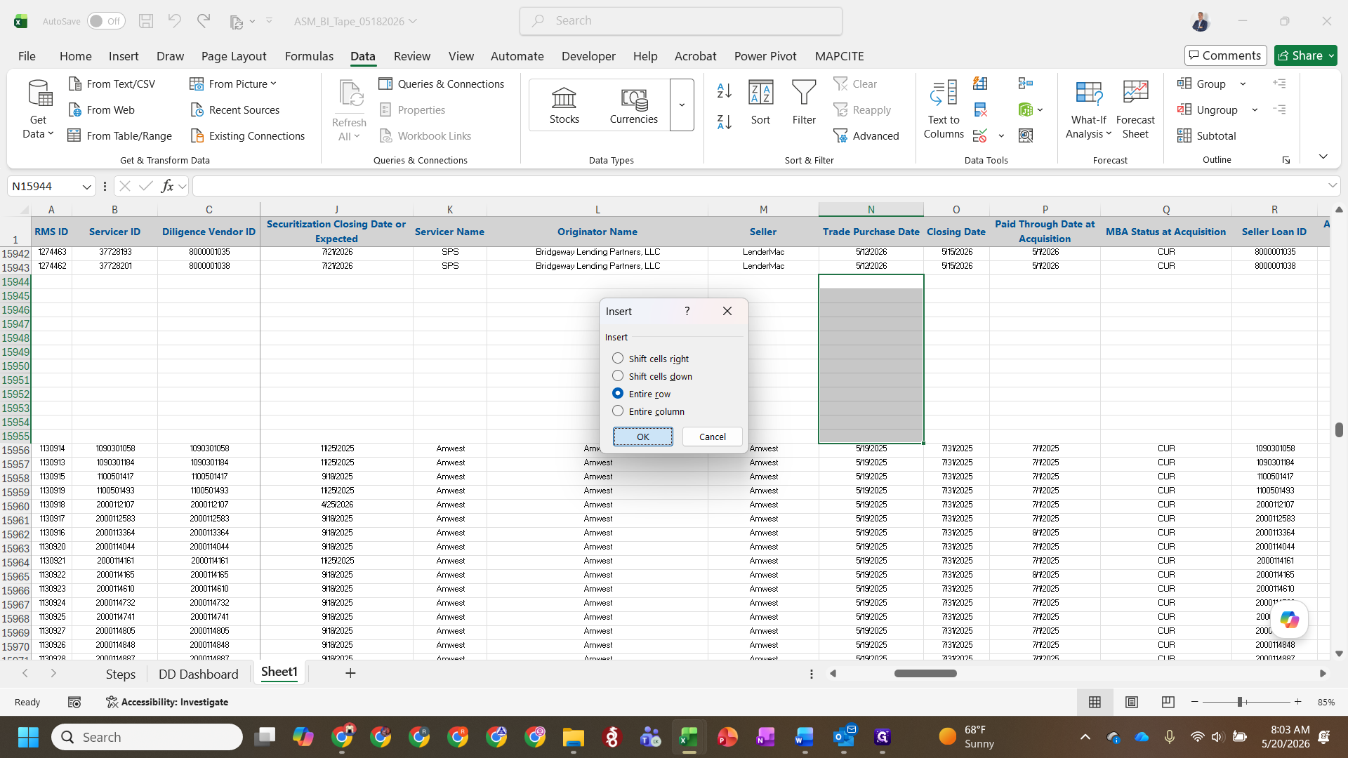 Step #12: Click OK to insert the blank row. Repeat or use Ctrl + + to add enough rows for the new tape.