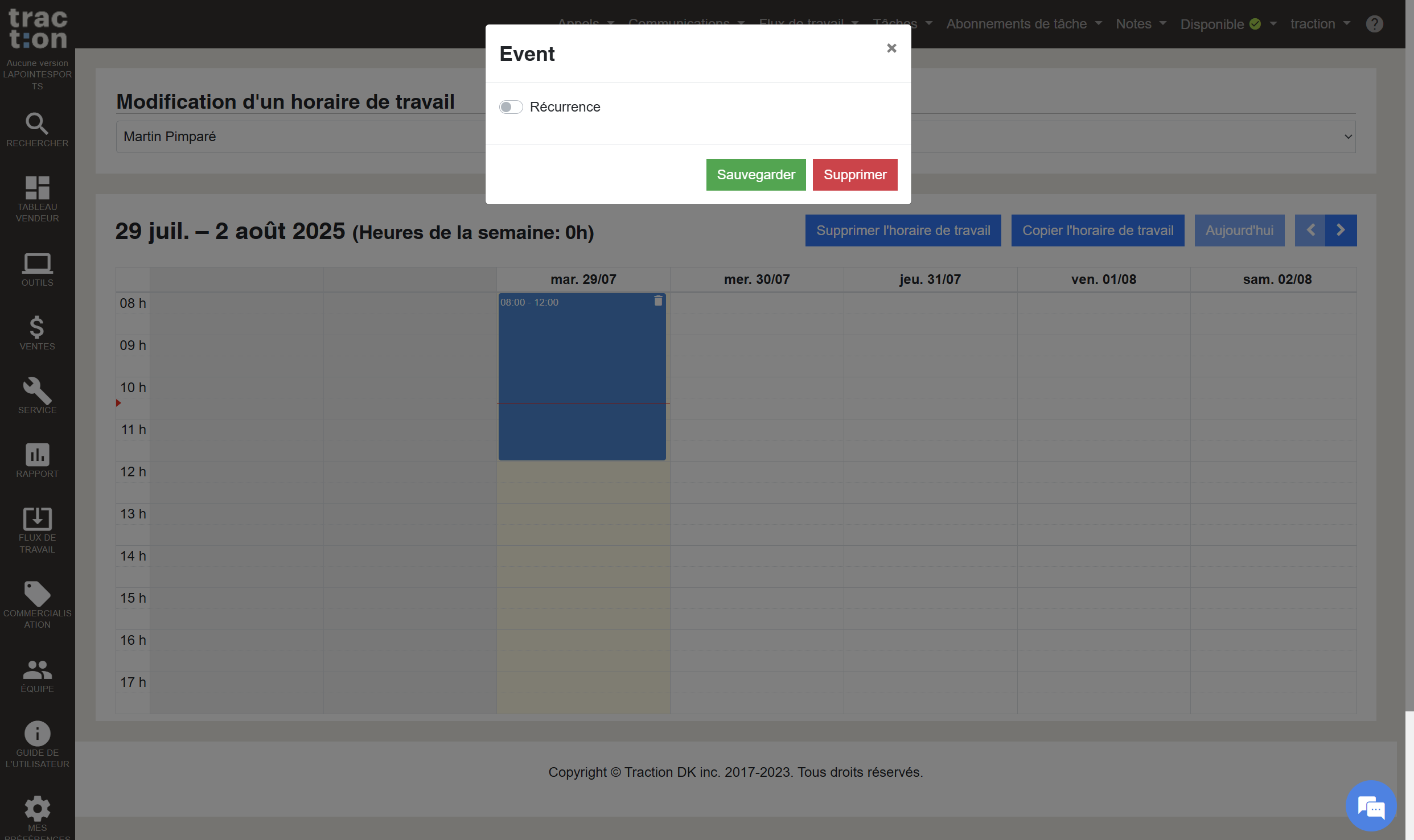 Step #7: Cliquer sur Récurrence pour un horaire regulier a chaque semaine