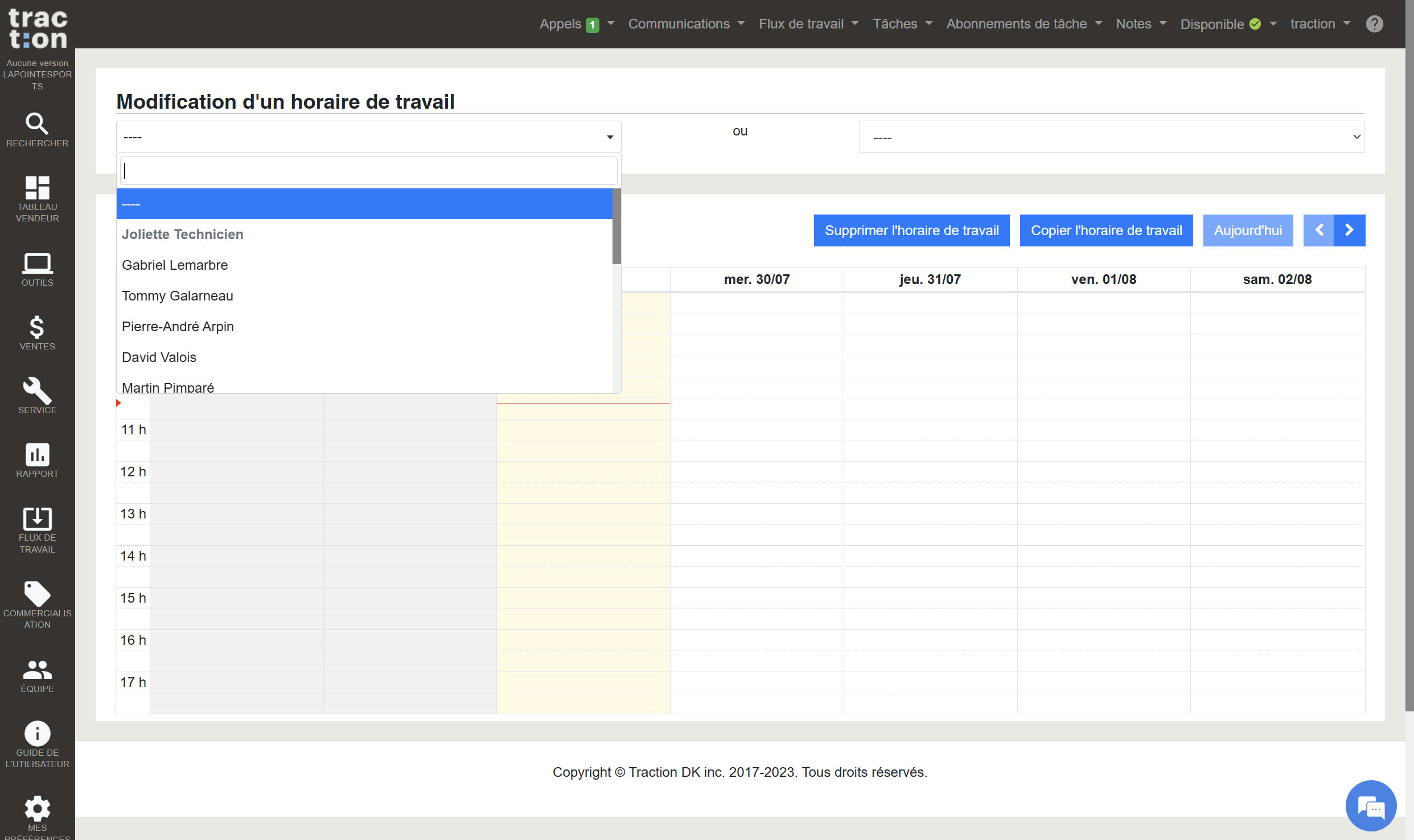 Step #4: Dans le champs sous Modification d'un horaire de travail, cliquer pour faire voir apparaitre la liste des techniciens