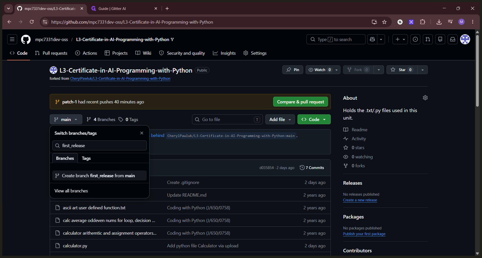 Step #4: Click Create branch first_release from main to switch to the newly created branch.