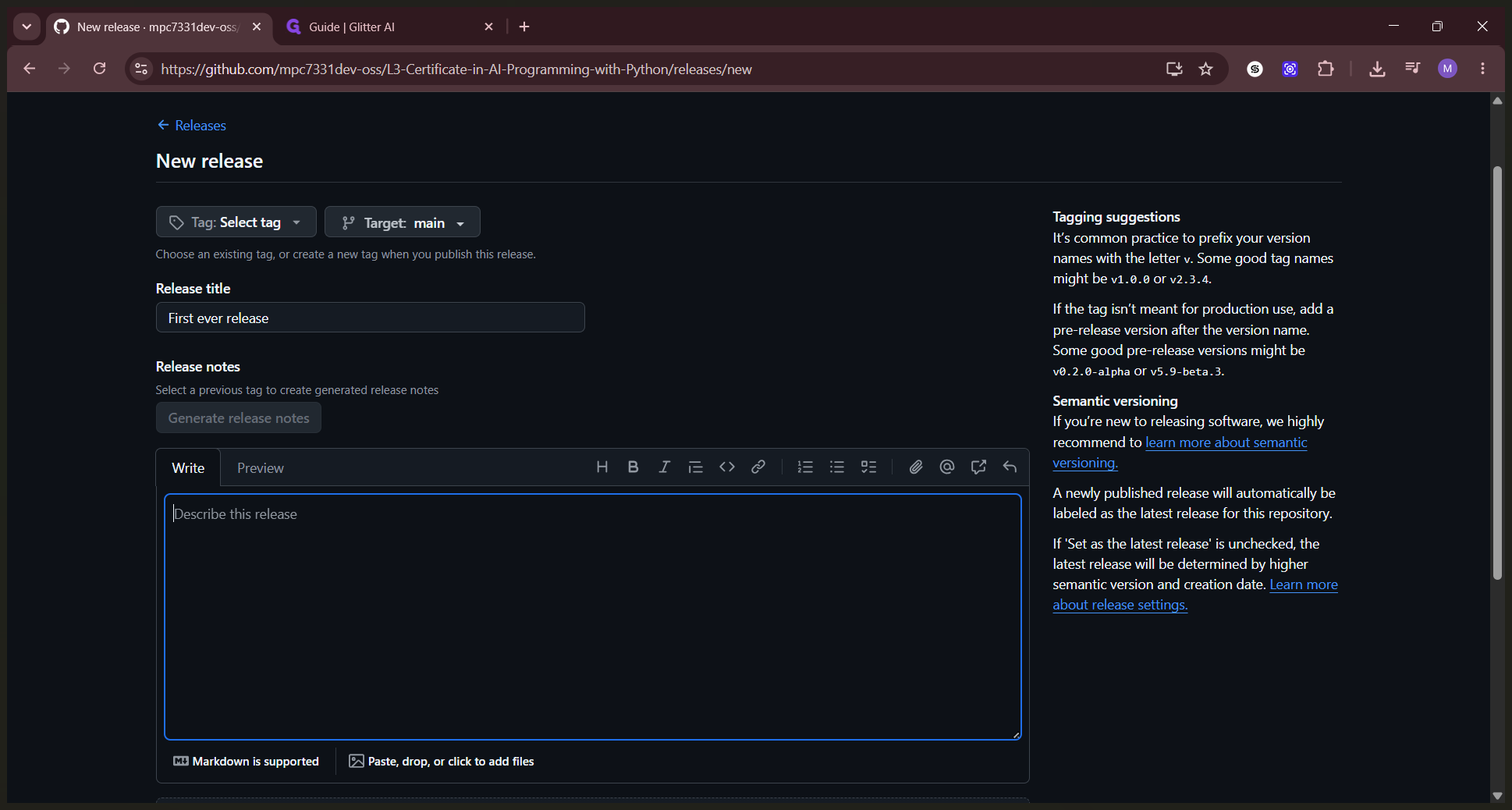 Step #7: Add details about the update in the Describe this release text box.