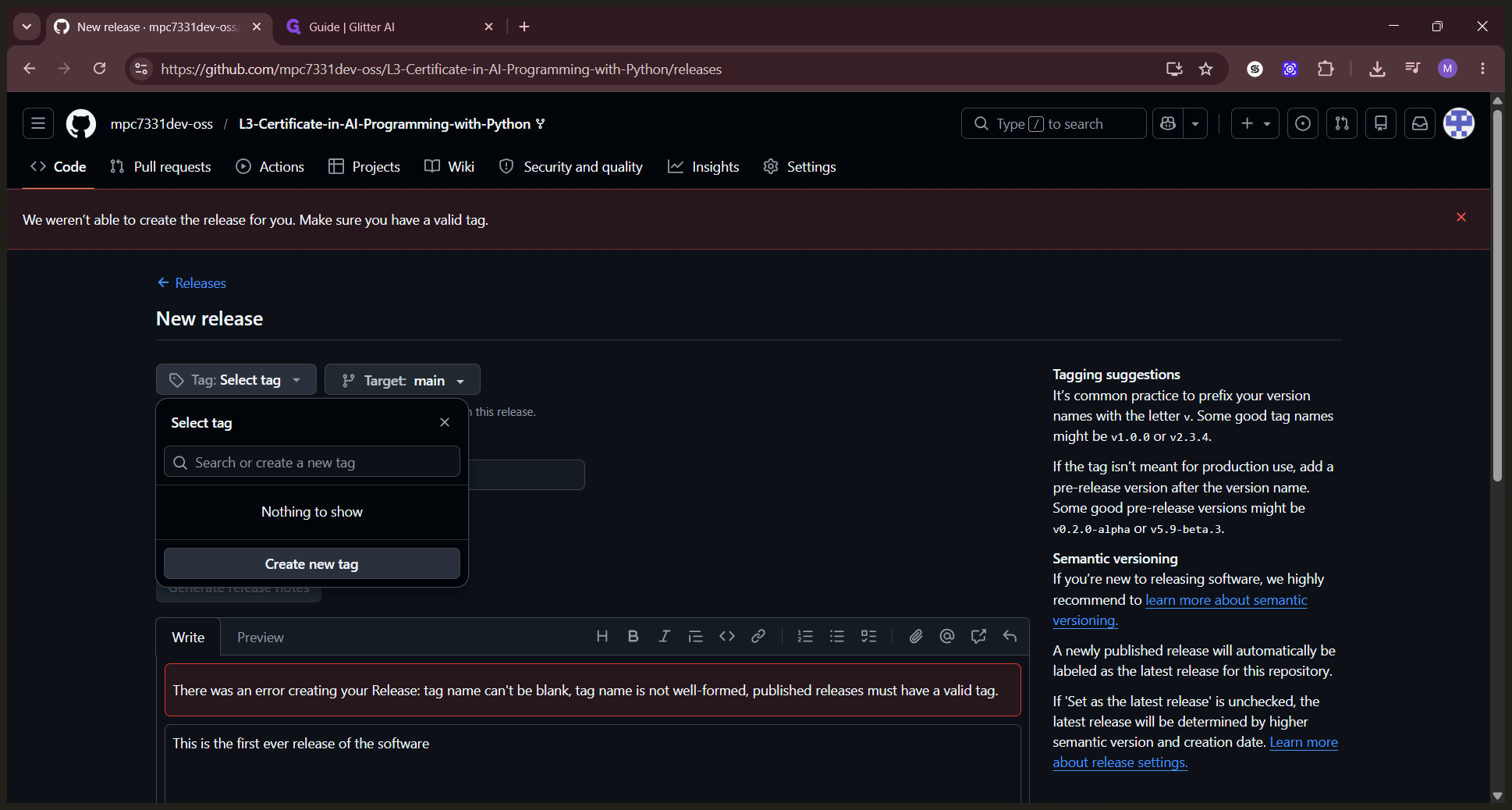 Step #9: Type in a version number (like v1.0) and select Create new tag.