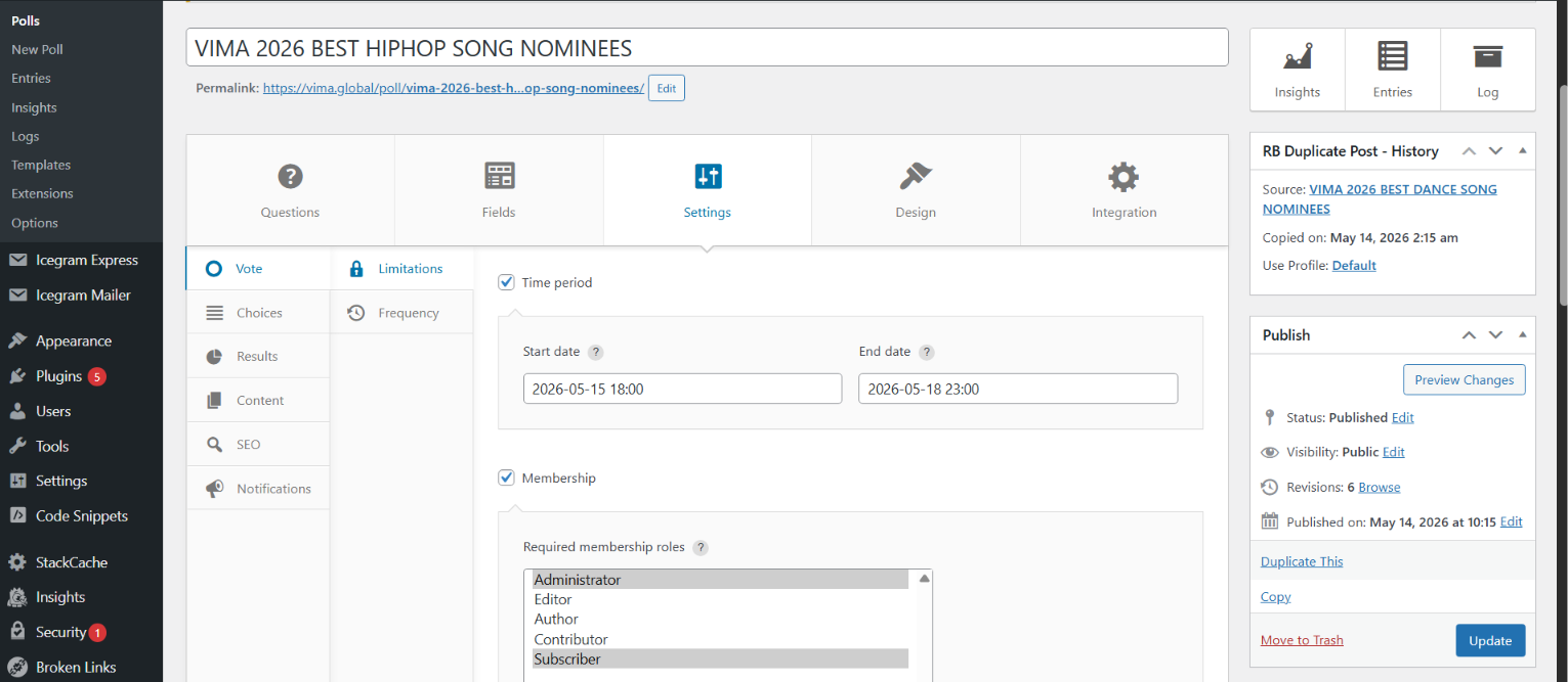 Step #19: Go to settings tab and update the start and end date and time for the voting session