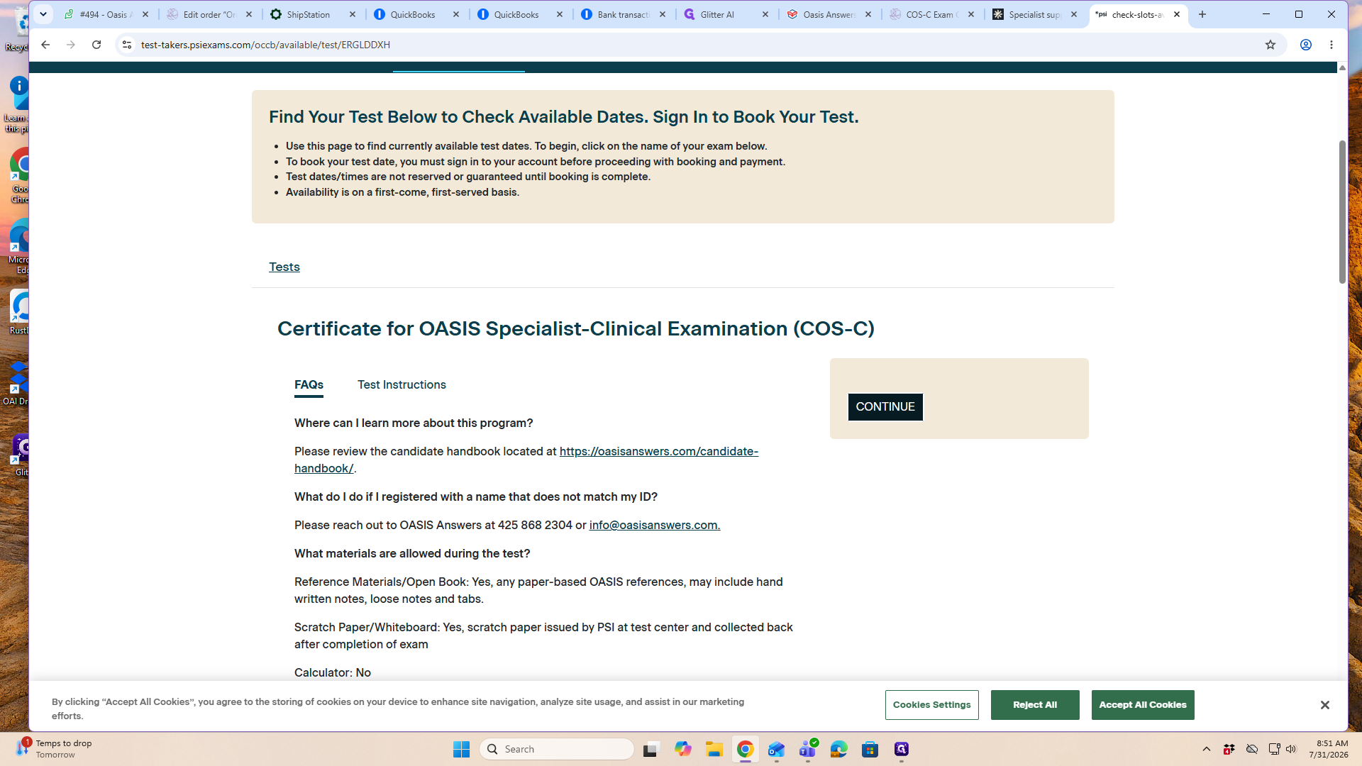 Step #5: Verify your exam selection and click CONTINUE.