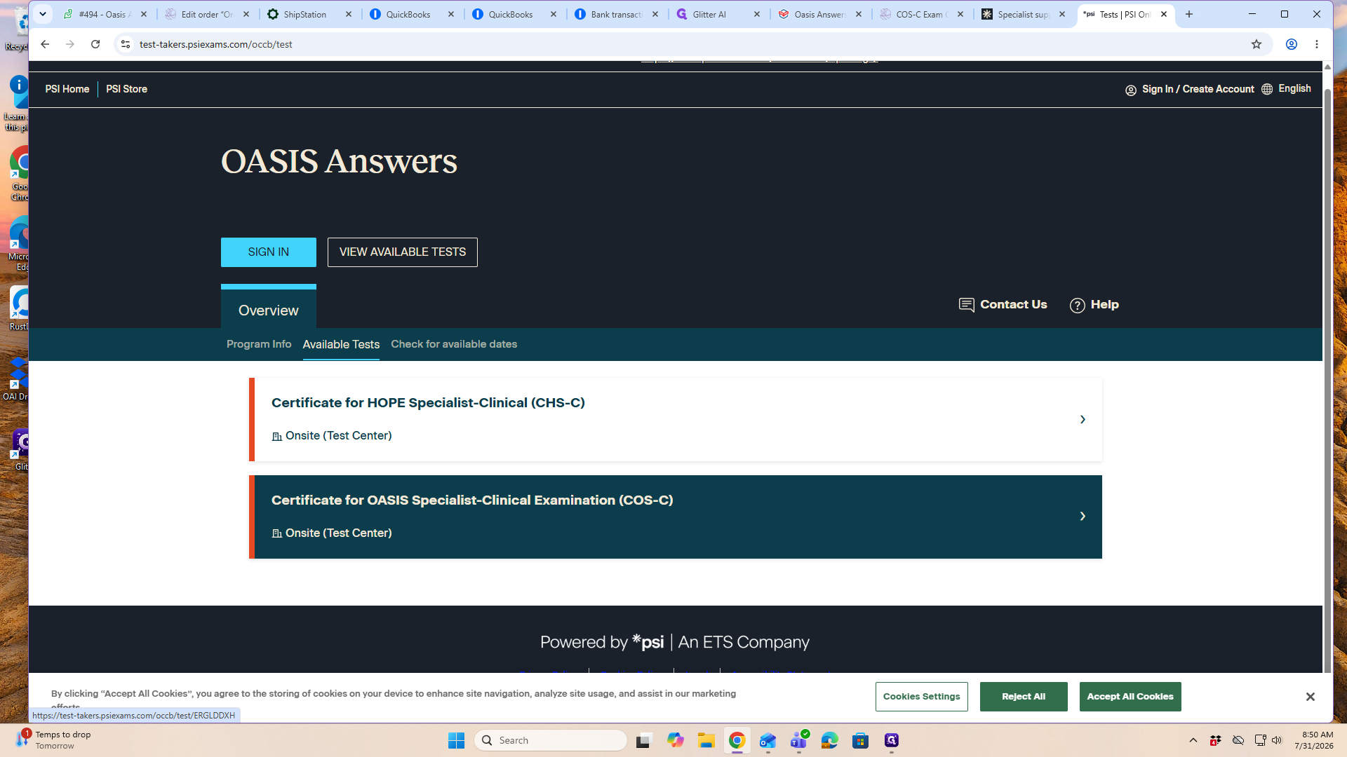 Step #3: Select the specific exam you wish to take, such as the Certificate for OASIS Specialist-Clinical Examination (COS-C).