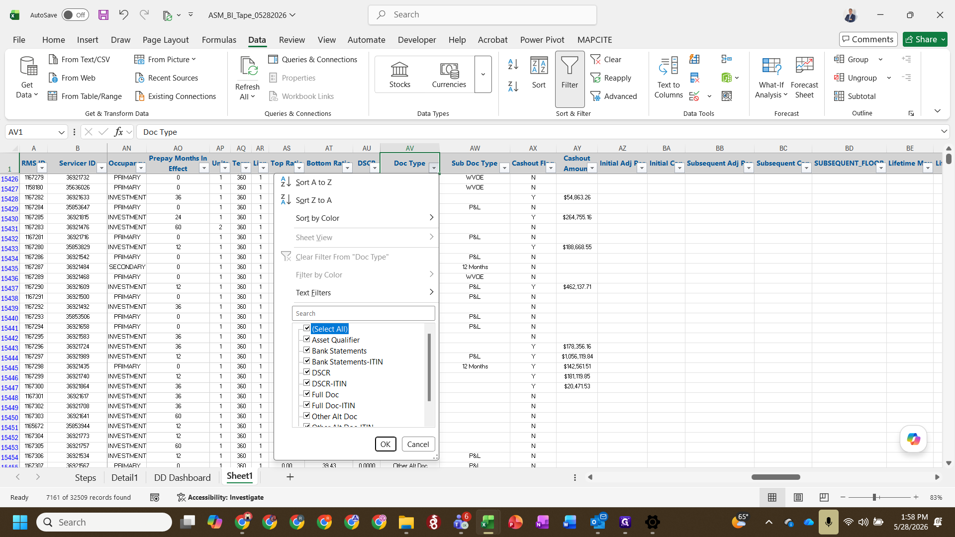 Step #14: Filter the Doc Type or Sub Doc Type columns to view underwriting documentation standards.