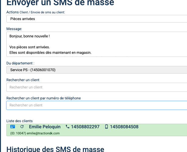 Step #7: vous allez répéter les étapes précédentes jusqu'à ce que tous les clients auquels vous désirez envoyer la communication se retrouve au bas de page. Si un numéro apparait en rouge c'est que ce client n'a pas de numéro de mobile dans sa fiche client, vous devrez alors aller modifier la fiche client pour y ajouter un numéro de mobile