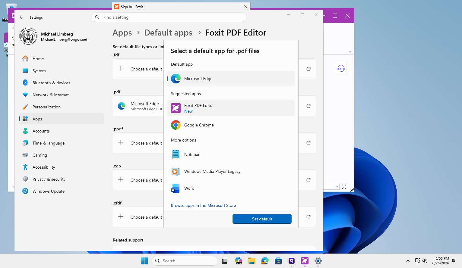 Step #4: In the Windows Settings menu that opens, which may open behind the Foxit window, select Foxit PDF Editor as the default application for .pdf files.