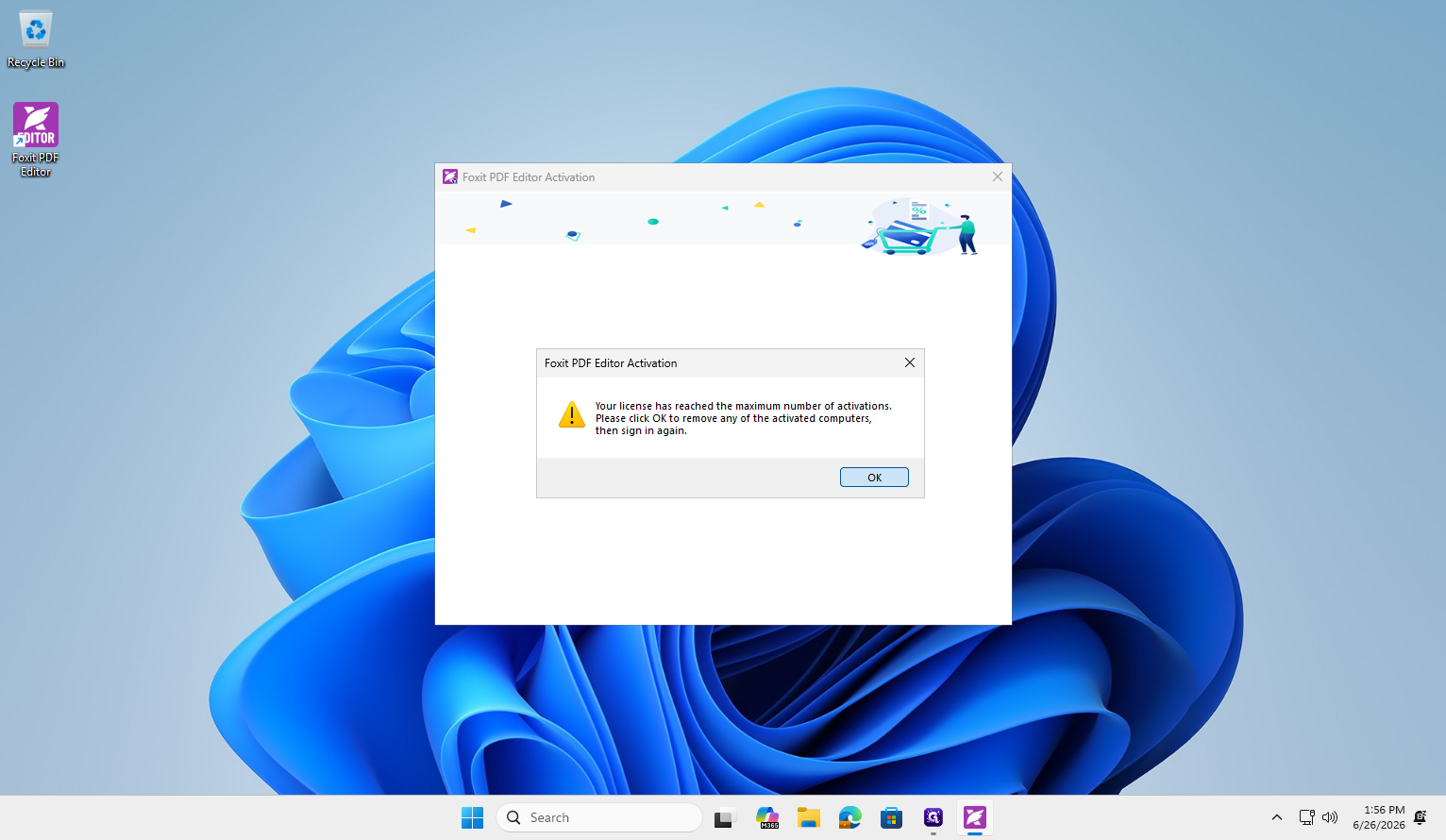 Step #9: If an error states the license has reached the maximum number of activations, click OK to manage your devices.