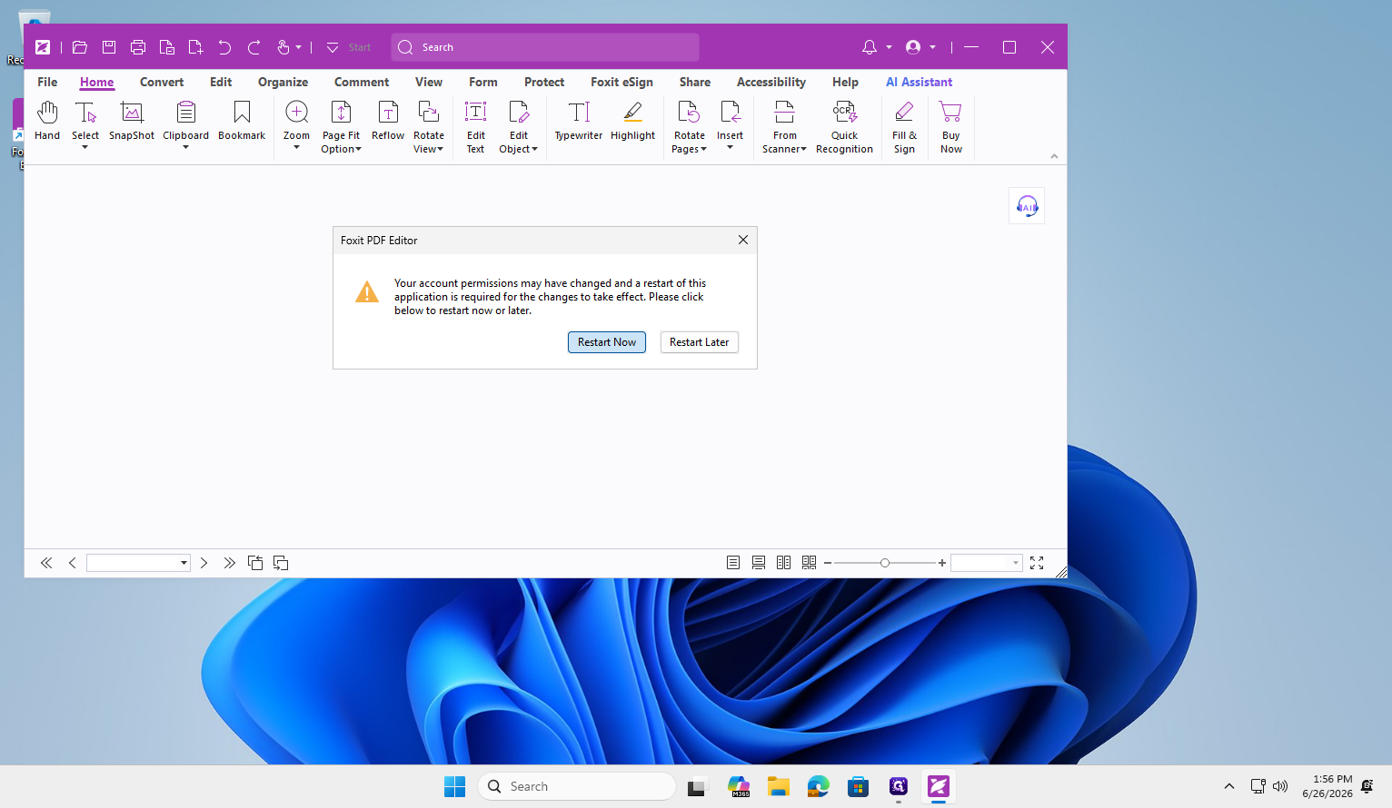Step #8: If a dialog informs you that account permissions have changed, click Restart Now to apply the updates.