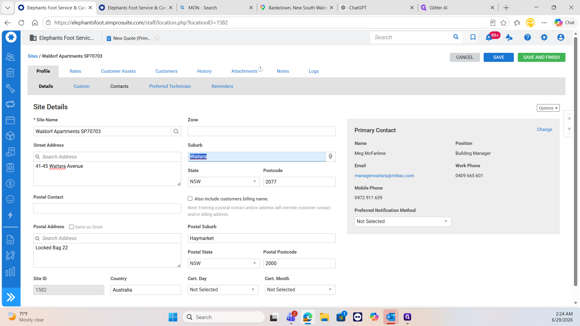 Step #26: In your job management software, click the Contacts tab on the site details page to view site contact details.