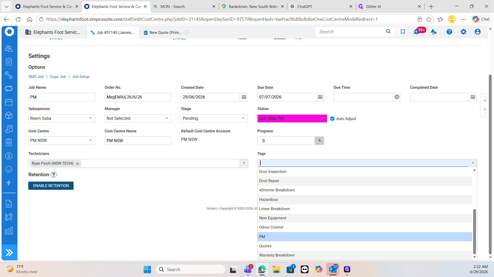 Step #19: Apply the PM tag to categorize the job correctly.