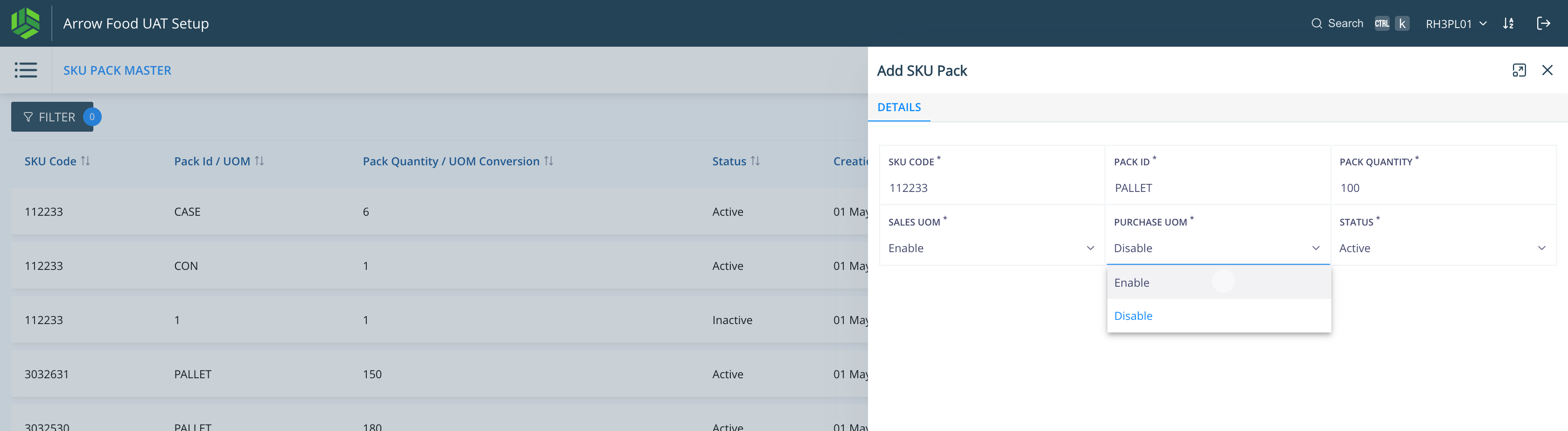 Step #6: Enable PURCHASE UOM to receive the quantity with this PACK ID.