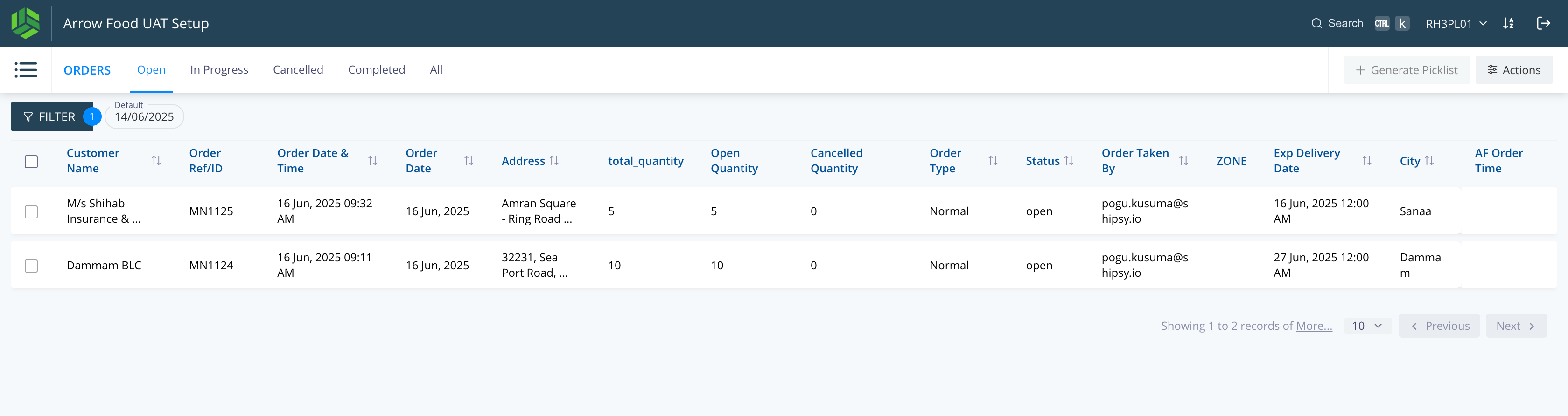 Step #18: There are 2 orders with same SKU "112233" and different Sales UOM - CON and CASE. Select the orders to create picklist. 