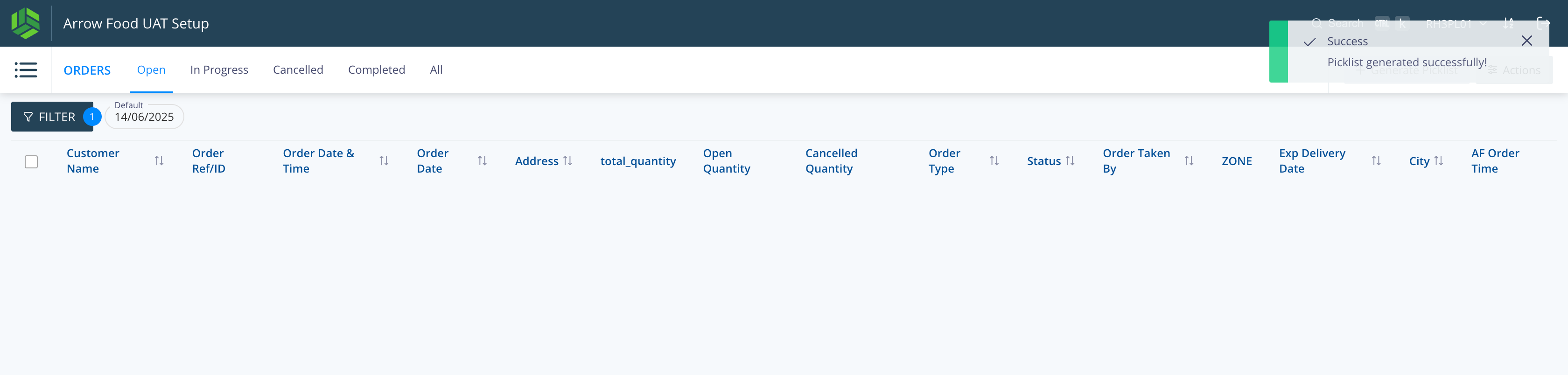 Step #21: Once picklist is created for the orders, they disappear from Open Orders.