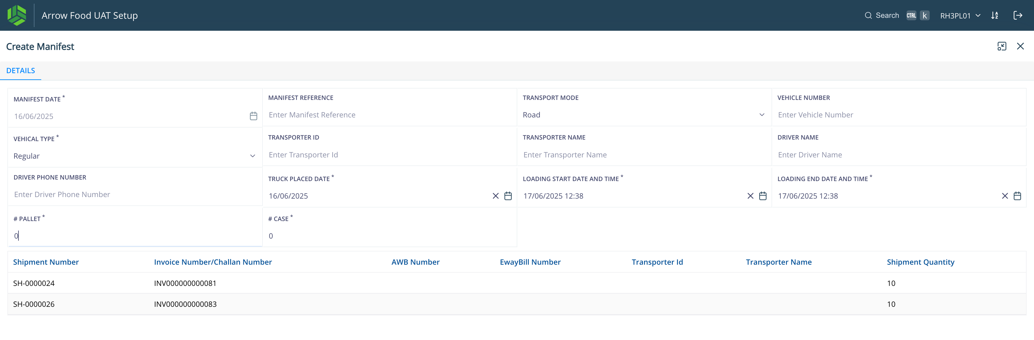 Step #40: Add the mandatory details which included "Truck Placed Date", "Loading Start Date and Time", "Loading End Date and Time", "PALLET" and "CASE".