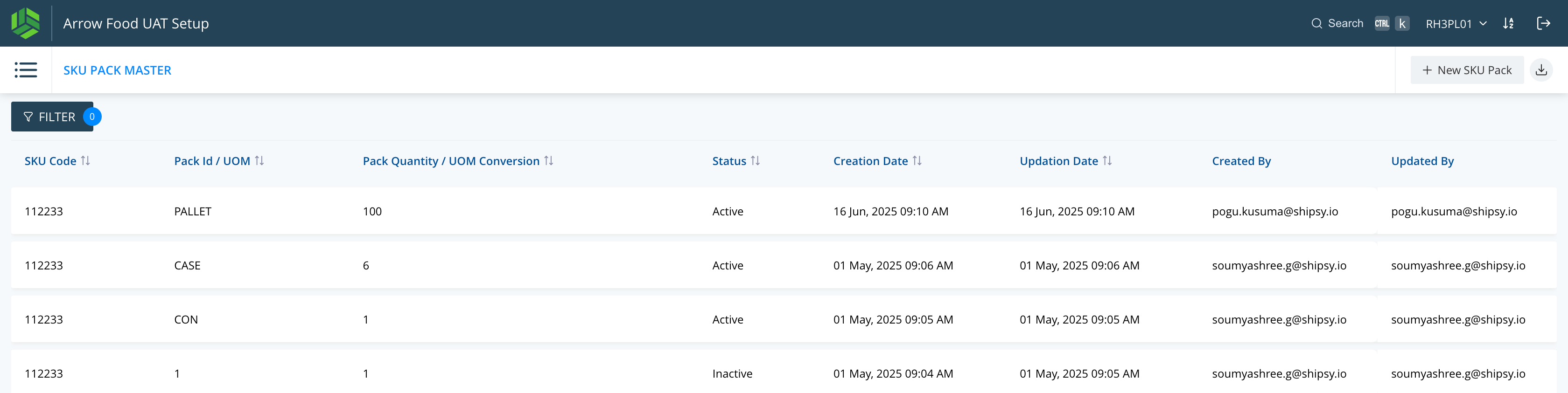 Step #8: We can see that SKU code 112233 has 3 Pack Ids - CON, CASE and PALLET with respective Pack Quantities 1, 6 and 100. 